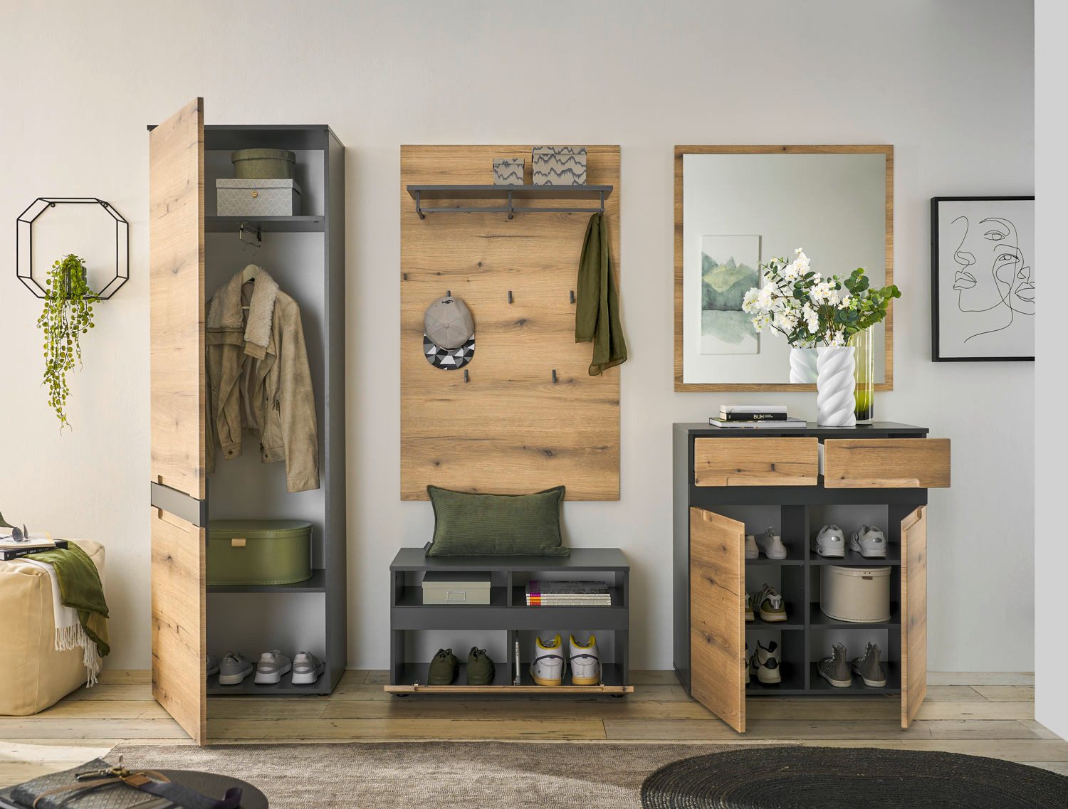 moebel-dich-auf Garderoben-Set TARENT, (Komplett-Set, Garderobenschrank + Paneel + Bank + Spiegel + Schuhkommode), in Anthrazit MDF / Evoke Oak MDF