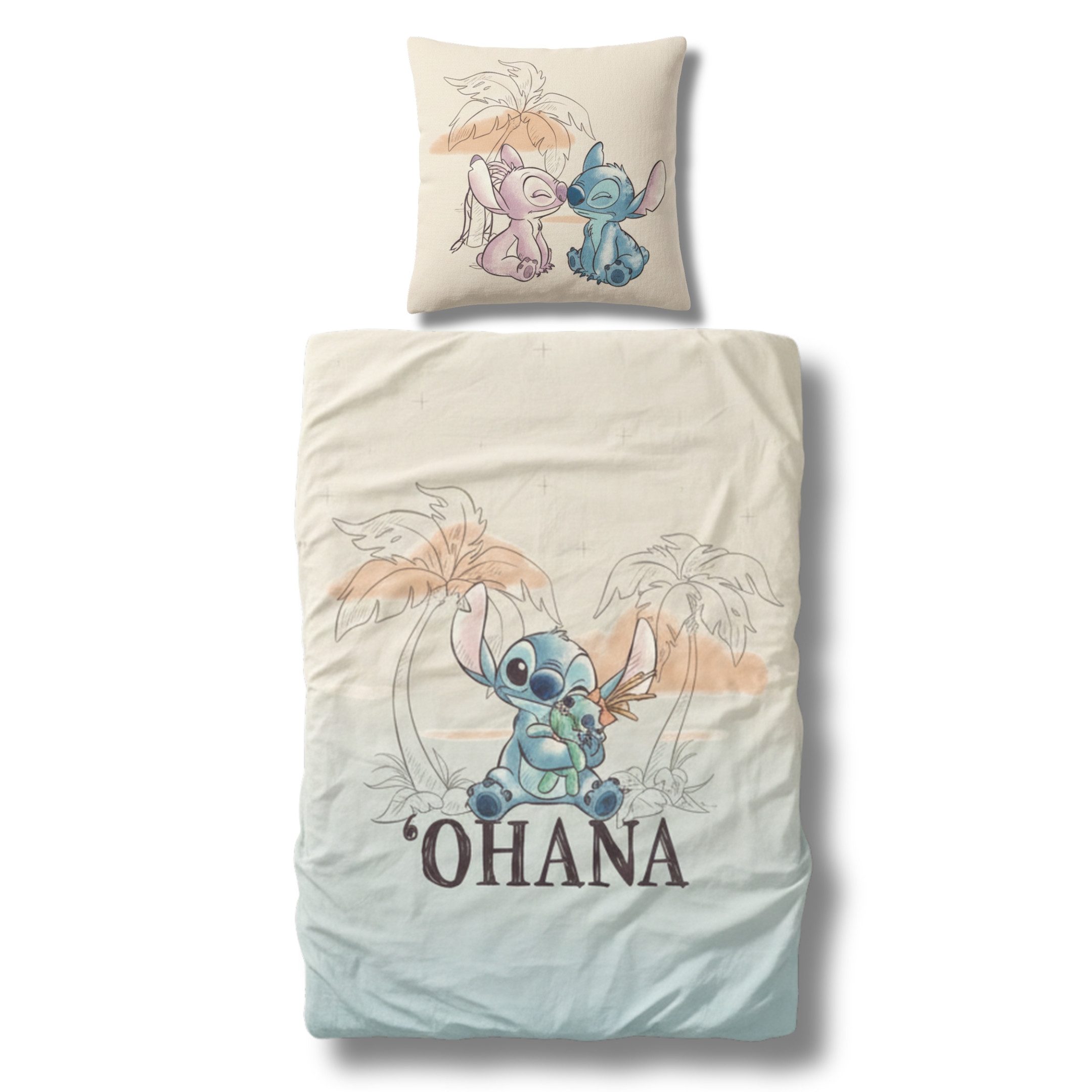 MTOnlinehandel Bettwäsche Disney's Lilo & Stitch "OHANA" 135x200 + 80x80 cm, 100 % Baumwolle, Renforcé, 2 teilig, Kinderbettwäsche mit Schriftzug, Angel & Stitch