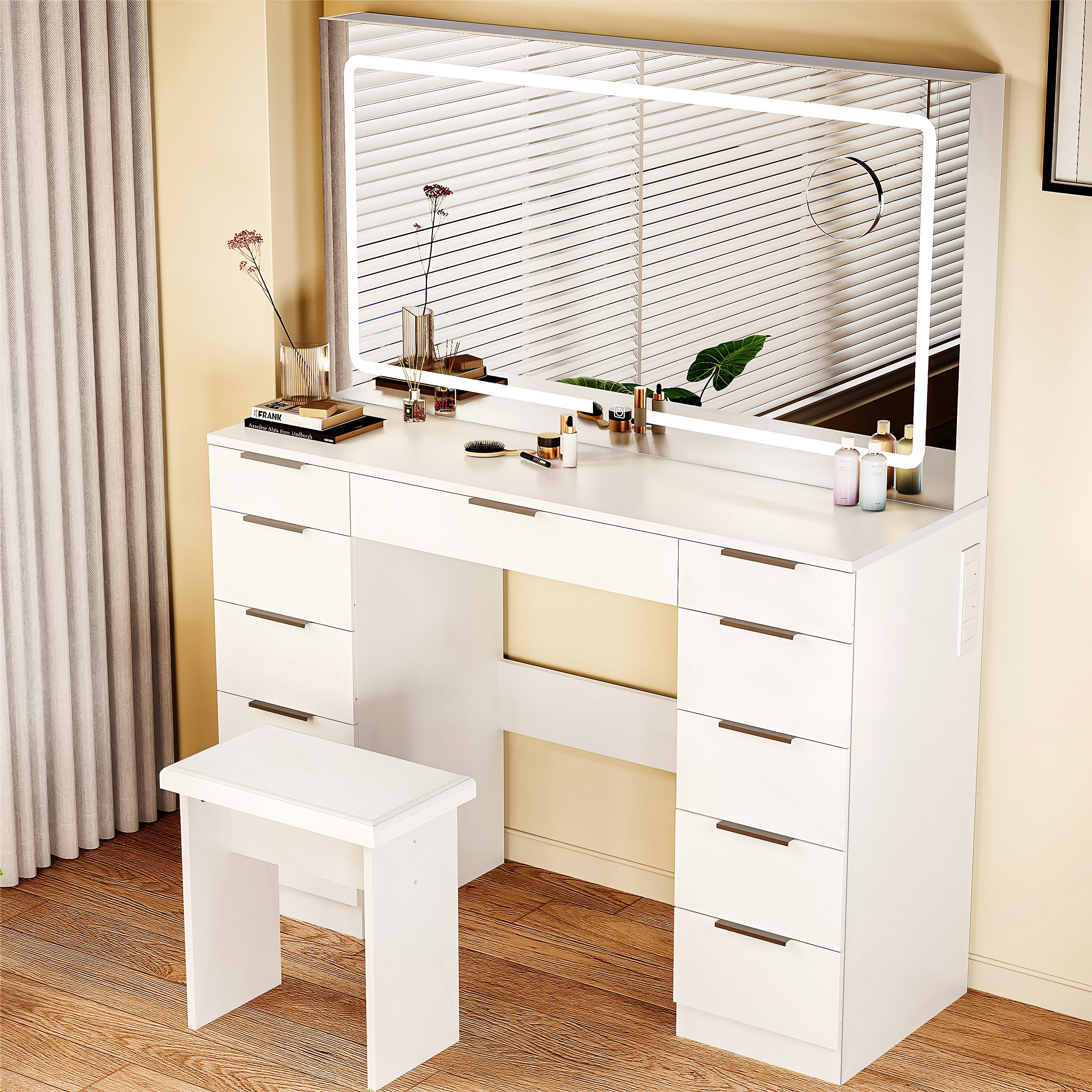 oyajia Schminktisch Kosmetiktisch mit Hocker & LED-Beleuchtung (Einstellbare drei Farbtemperaturen, um Ihr perfektes Make-up zu präsentieren), Mit 11 Schubladen,Steckdosen,Großer Spiegel