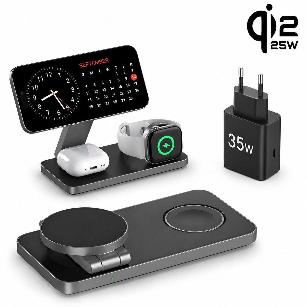 Toomoke Ladestation, 3-in-1 MagSafe Ladestation, Wireless Charger Induktions-Ladegerät (für iPhone, Apple Watch, AirPods, faltbar mit Handyhalterung, Schnelles Kabelloses Ladegerät Handy Ständer handyhalterung)