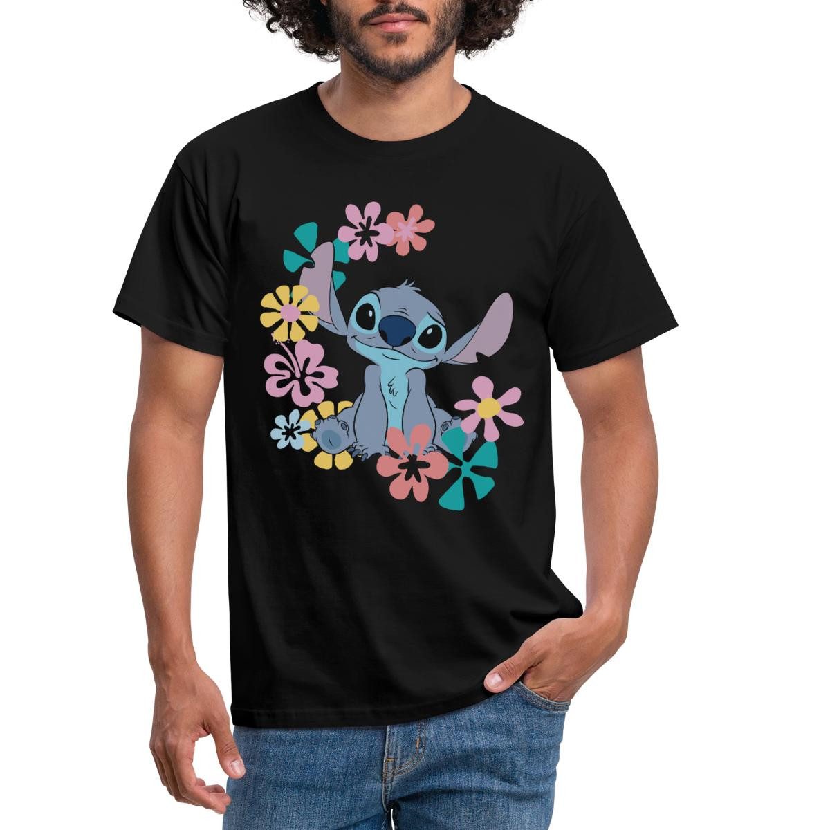 Spreadshirt T-Shirt Lilo & Stitch, Stitch Mit Hawaiianischen Blumen Männer günstig online kaufen