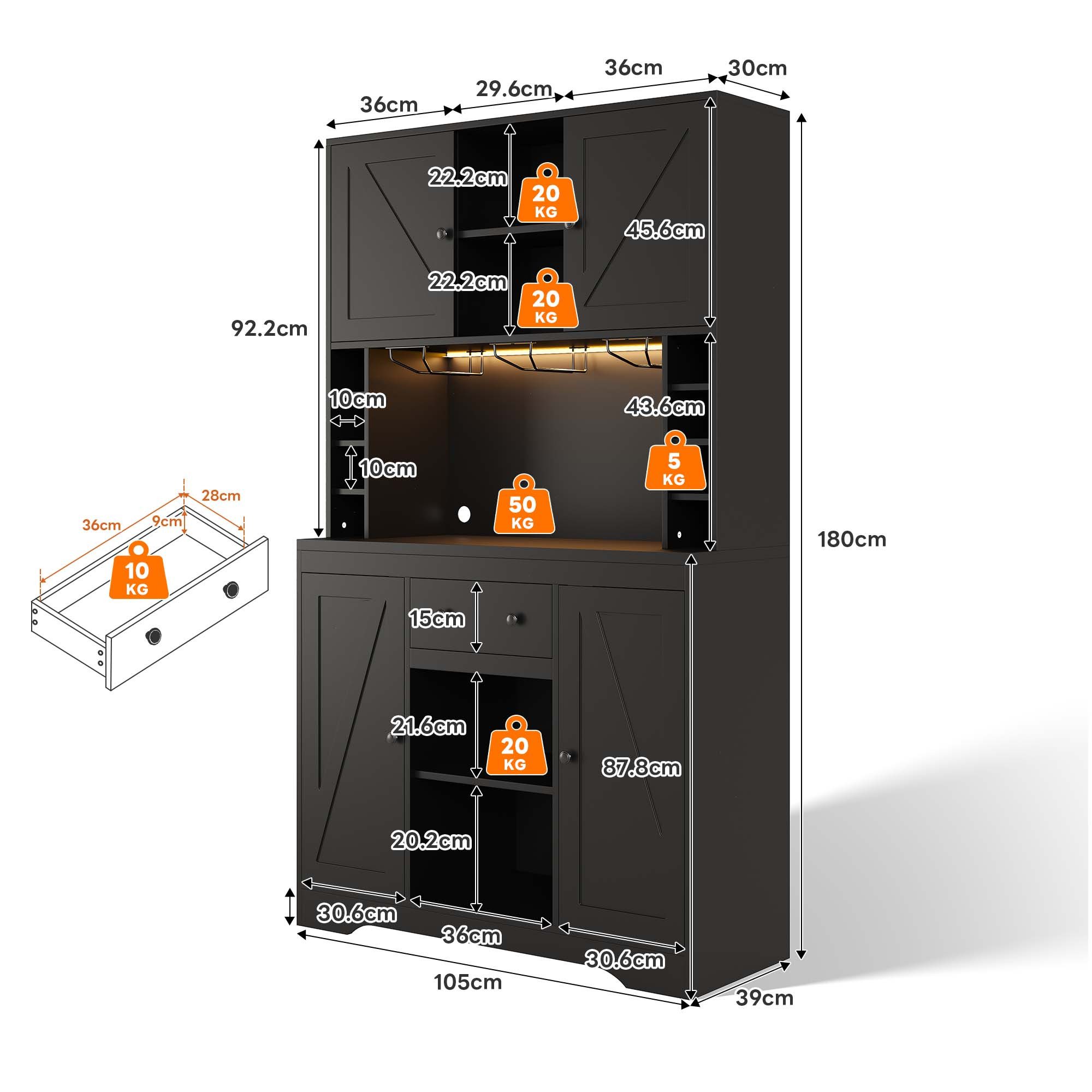 Welltin Weinschrank Hochschrank und Küchenschrank mit Weinfunktionen Weinschrank mit Böden Schublade LED Licht und Steckdosen