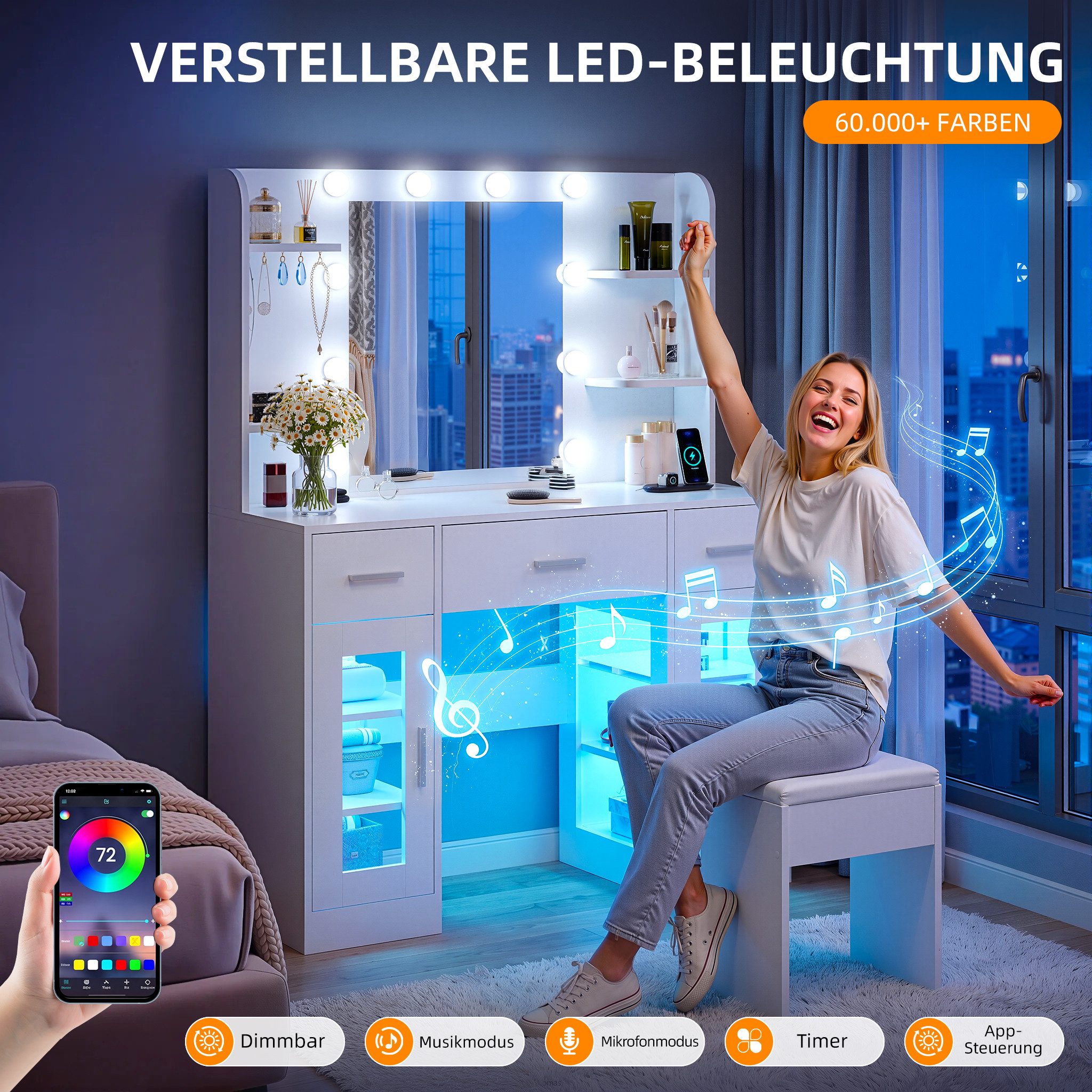 oyajia Schminktisch mit Spiegel, RGB LED-Beleuchtung, Steckdosenleiste (3 Schubladen+4 offene Fächer, 107x140x40 cm), mit Spiegel und 2 luxuriösen transparenten Vitrinen mit RGB