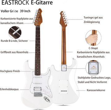 EASTROCK E-Gitarre Instrumentenkabel, Ersatzsaiten,E Gitarren Set 39 Zoll Elektrogitarre, 6-St., mit Verstärker 10 Watt, Gitarre Tasche, Plektrum, Gurt, Stimmgerät
