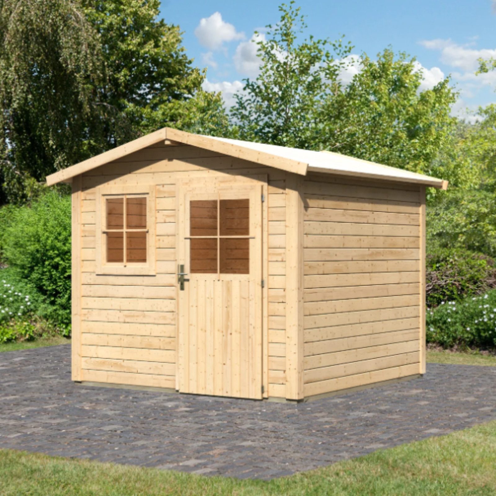Karibu Gartenhaus Gartenhaus Systemhaus, Geräteschuppen, Gartenhütte,Holzhaus, BxT: 244x244 cm, Wetterfest, langlebig und in elegantem Carbongrau behandelt