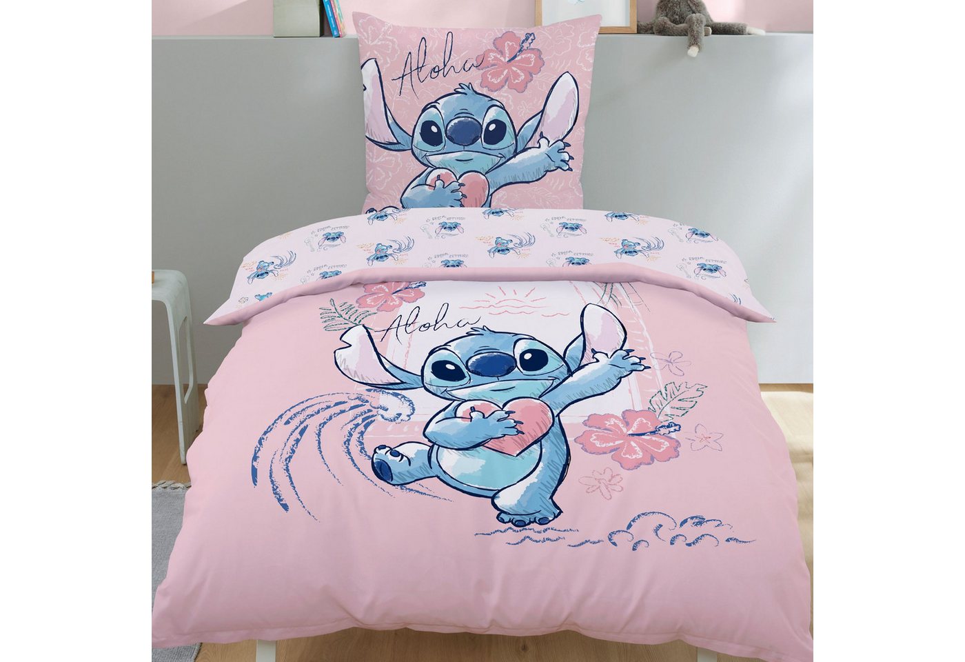 Familando Kinderbettwäsche Disney Stitch 135x200 80x80 cm "Aloha" Rosa für Mädchen, Renforcé, 2 teilig, 100% Baumwolle mit Reißverschluss und liebevollem Motiv