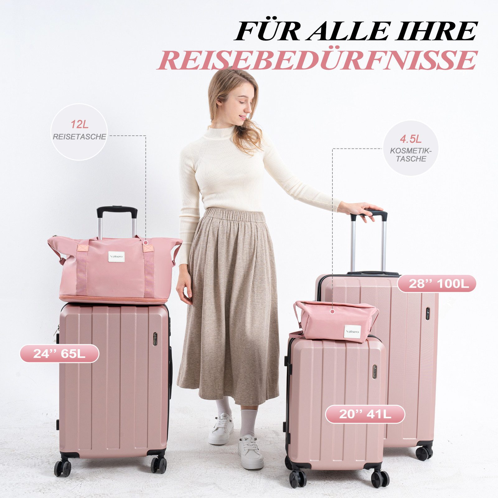 VALLSERO Trolleyset Koffer-Set( M,L,XL) Hartschalen-Koffer, Rollkoffer 5-teiliges Set, Handgepäck 4 Rollen, ABS-Material, Schwarz/Pink
