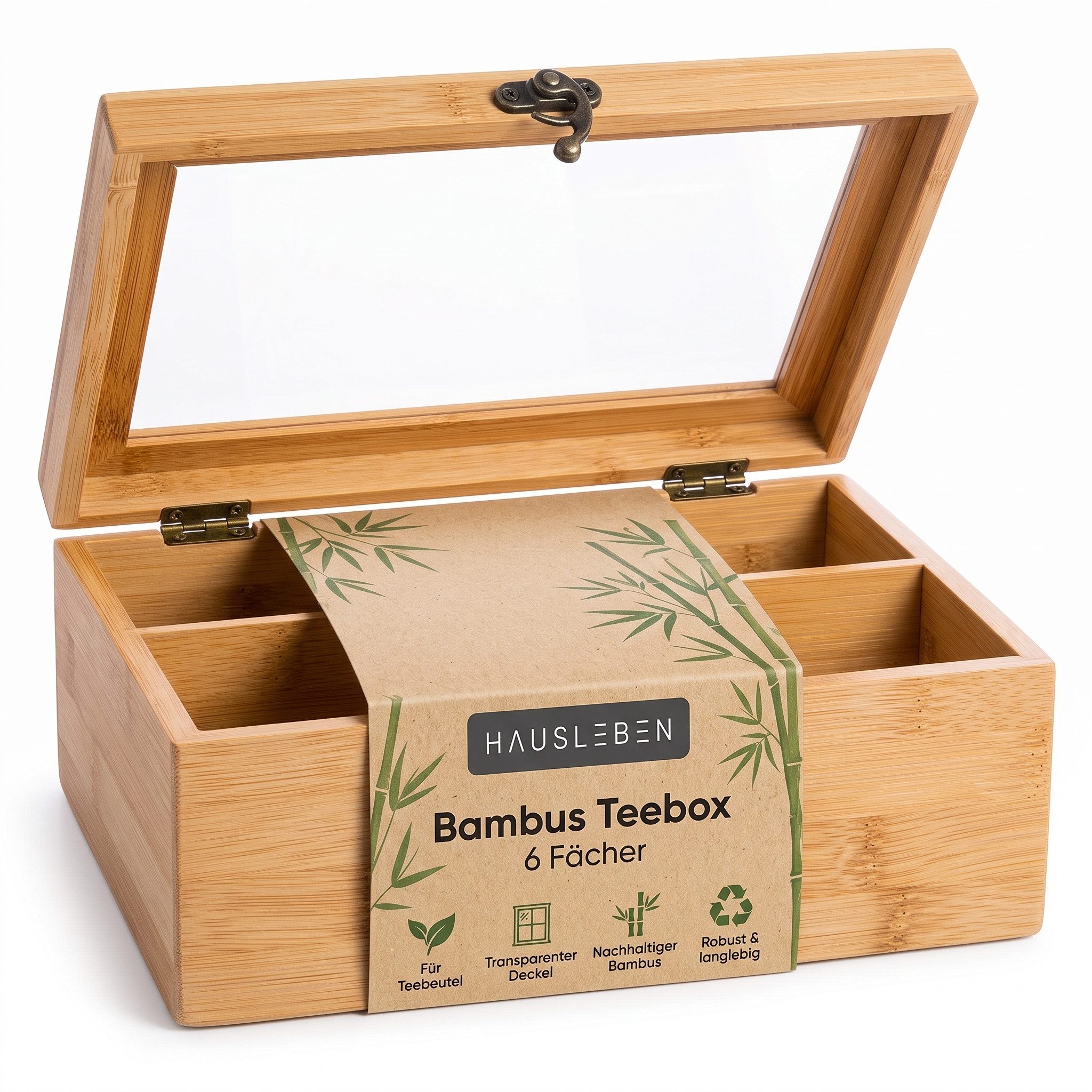 hausleben Teebox Tee Organizer,Aufbewahrungsbox,kompakte Teedose für Küche, 21x16x7,5cm, (Packung, 1-tlg., 6 Fächer für Teebeutel), aus Bambus mit transparentem Deckel