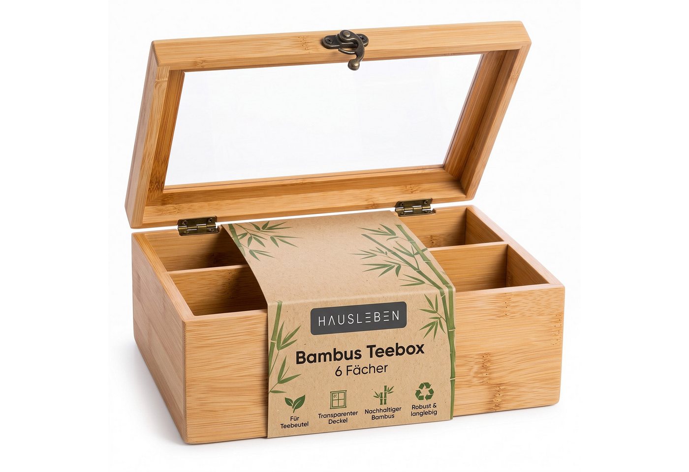 hausleben Teebox Tee Organizer,Aufbewahrungsbox,kompakte Teedose für Küche, 21x16x7,5cm, (Packung, 1-tlg., 6 Fächer für Teebeutel), aus Bambus mit transparentem Deckel