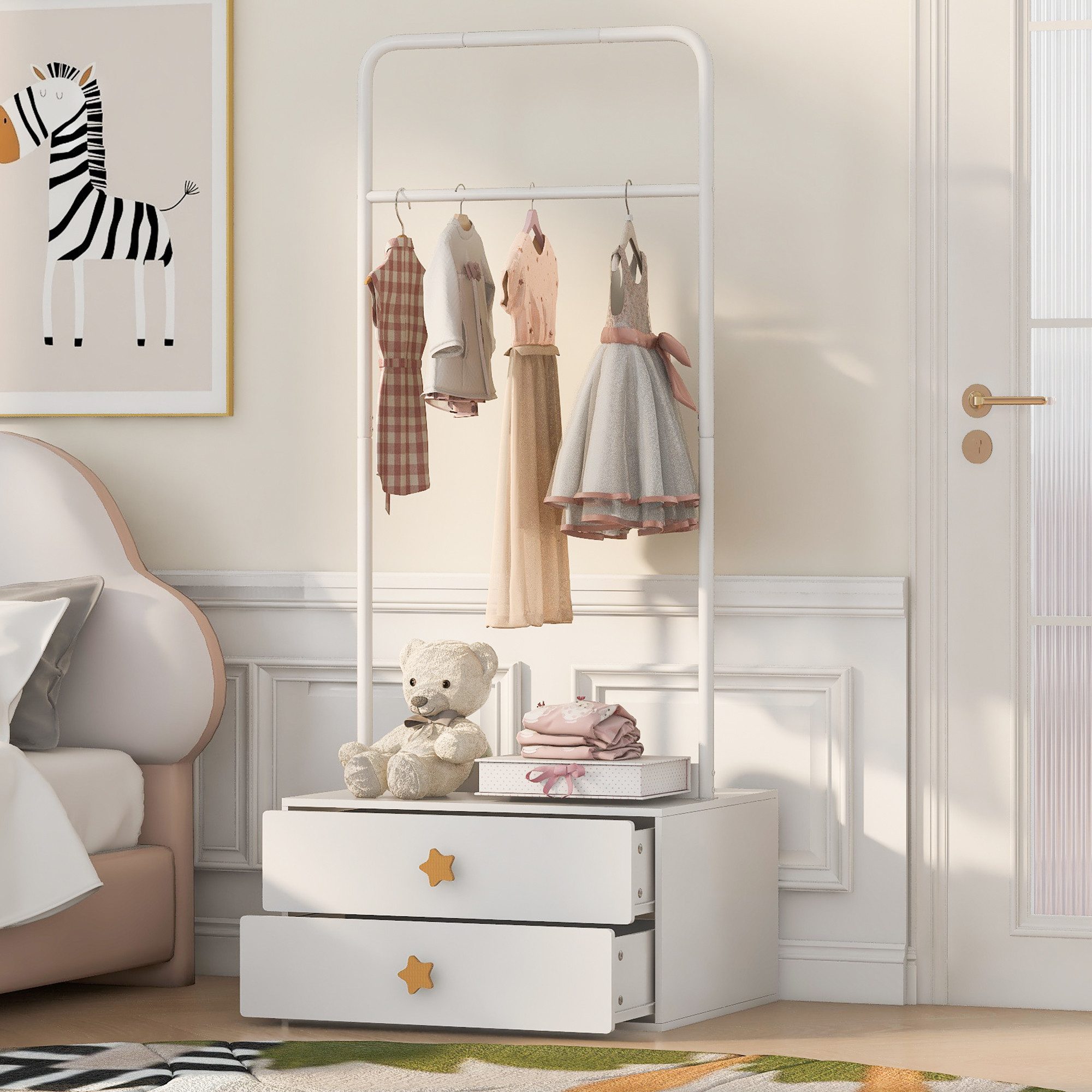 Odikalo Kleiderschrank Garderobenständer Doppeltür-Design großen Staufächern Cartoon-förmige (70×55×168 Mit 2 Schubladen Sternförmigen Griffen Und Großen Kleiderhaken)