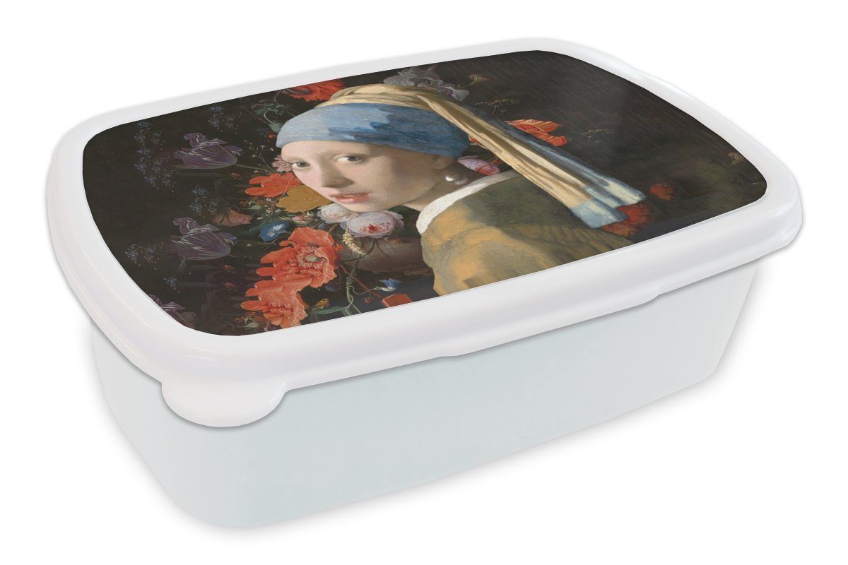 und Blumen, Brotdose, dem weiß Lunchbox mit für Perlenohrring - Das MuchoWow für Brotbox Mädchen Erwachsene, Kunststoff, Mädchen - Vermeer und Kinder (2-tlg), Jungs