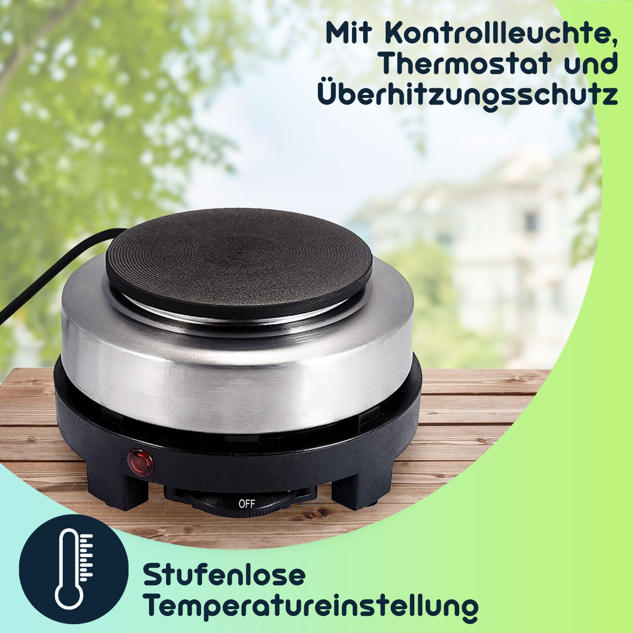Casativo Einzelkochplatte Mini-Einzelkochplatte mit Espressokocher, 500W Camping-Set 150ml, 500W Mini-Kochplatte Gusseisen-Feld & Alu-Espressokocher für 3 Tassen