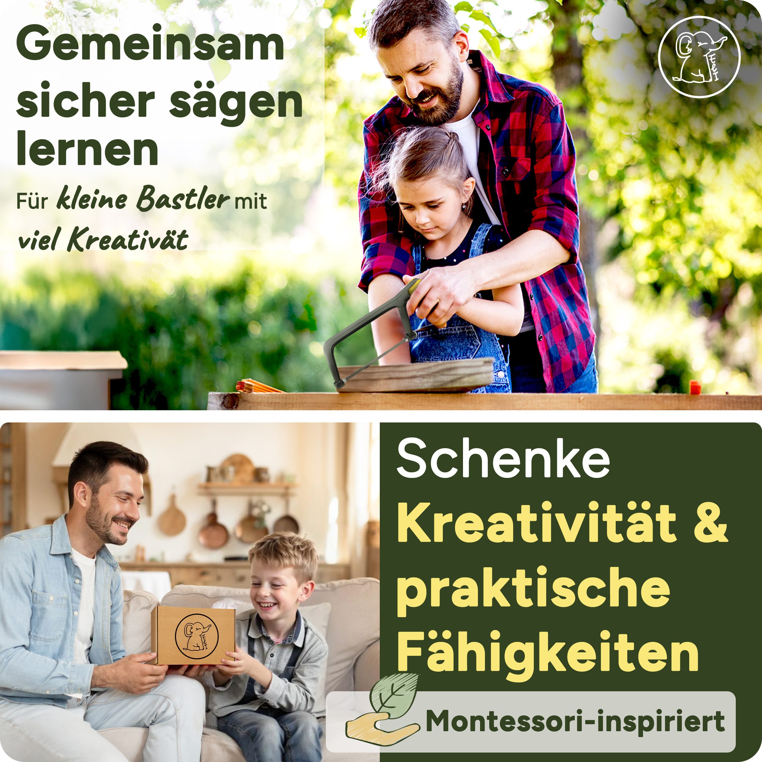 Eli Handsäge Kindersäge ab 6 Jahre inkl. 4 Sägeblätter für Holz und Metall (echte Bügelsäge zum Basteln, werkeln – reparieren für alle Baumeister und Bauarbeiter), beidhändig für Jungen und Mädchen