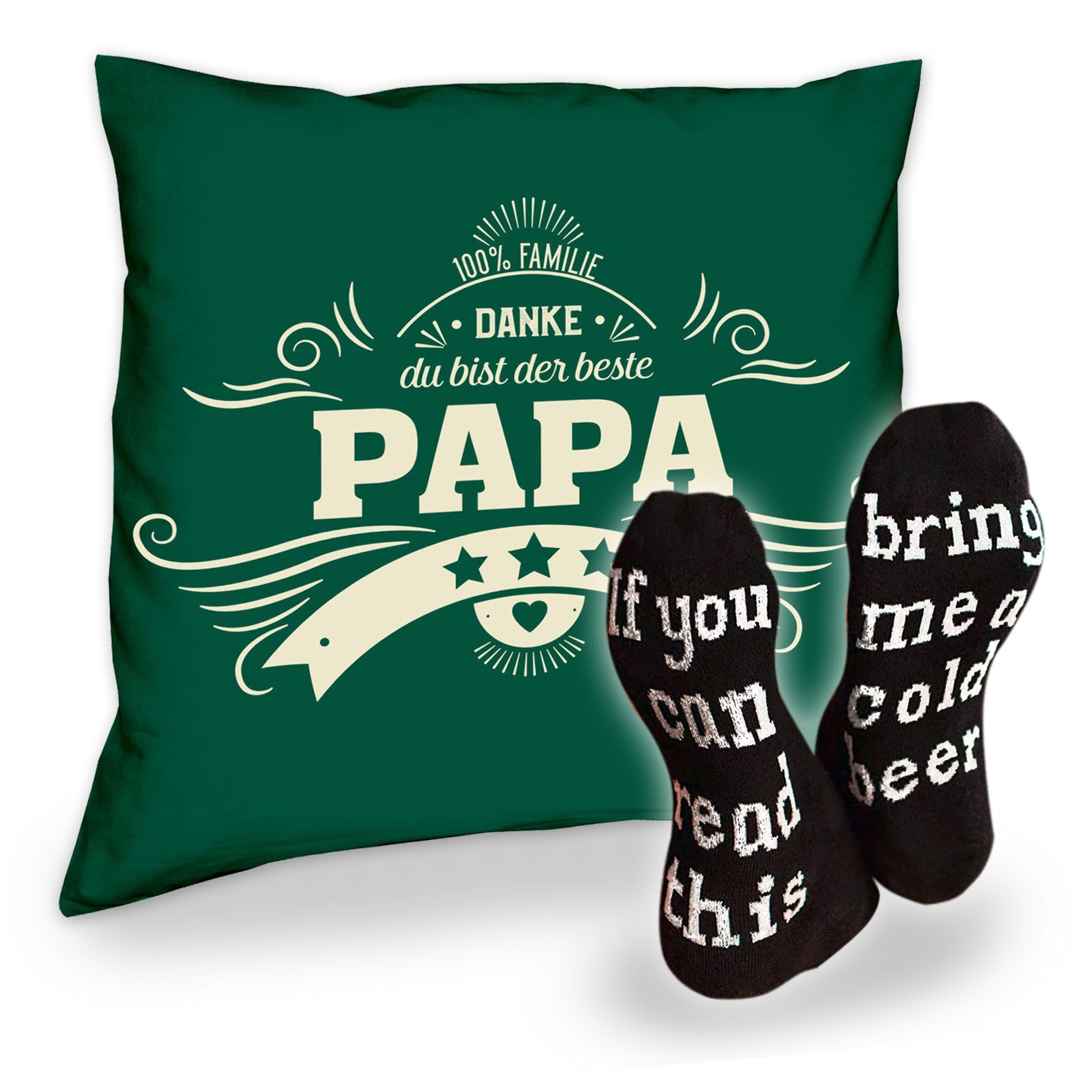 Soreso® Dekokissen Kissen Danke Papa und Socken mit Bier Spruch, Geschenk Geburstag Vatertag Weihnachten dunkelgrün