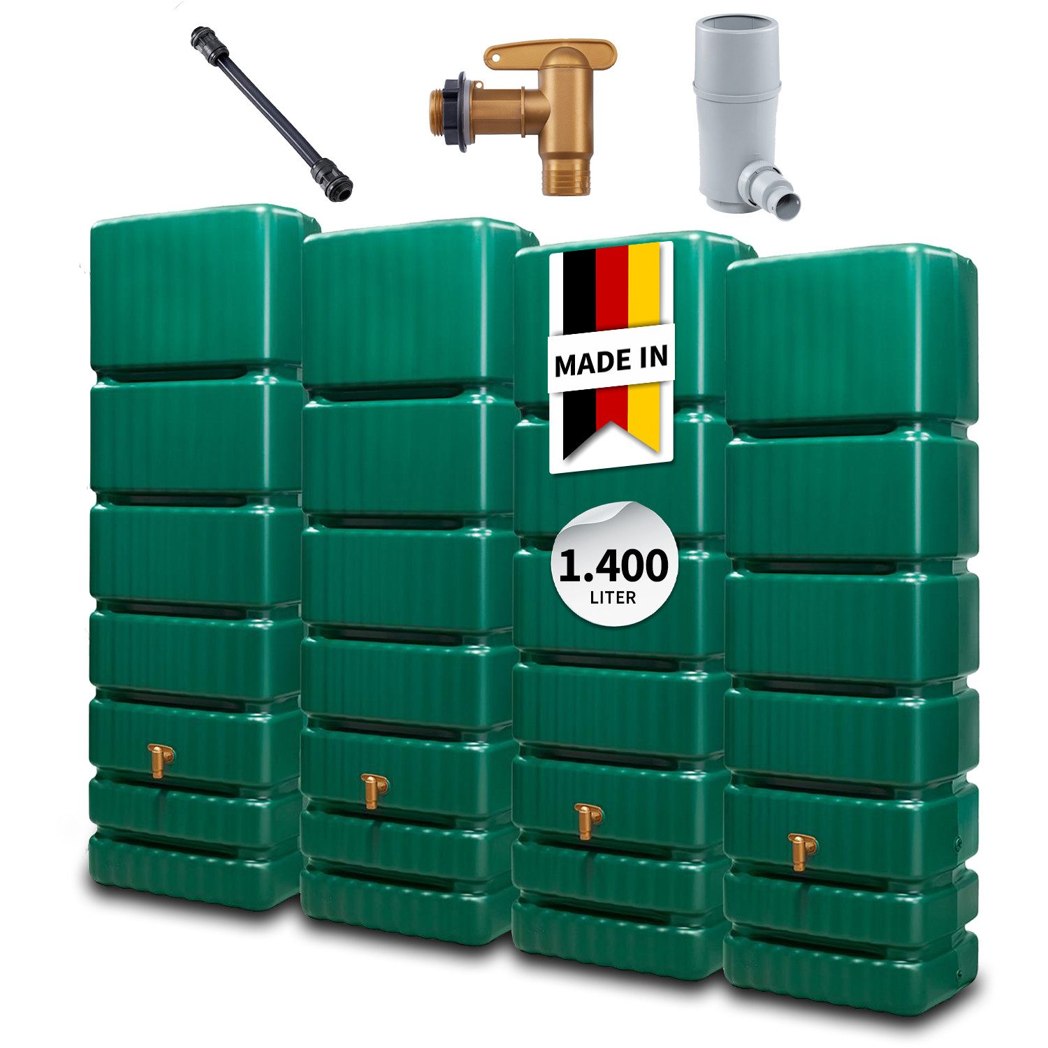 4rain Regentonne SLIM Wandtank Komplett-Set 1400 L grün, 1400 l