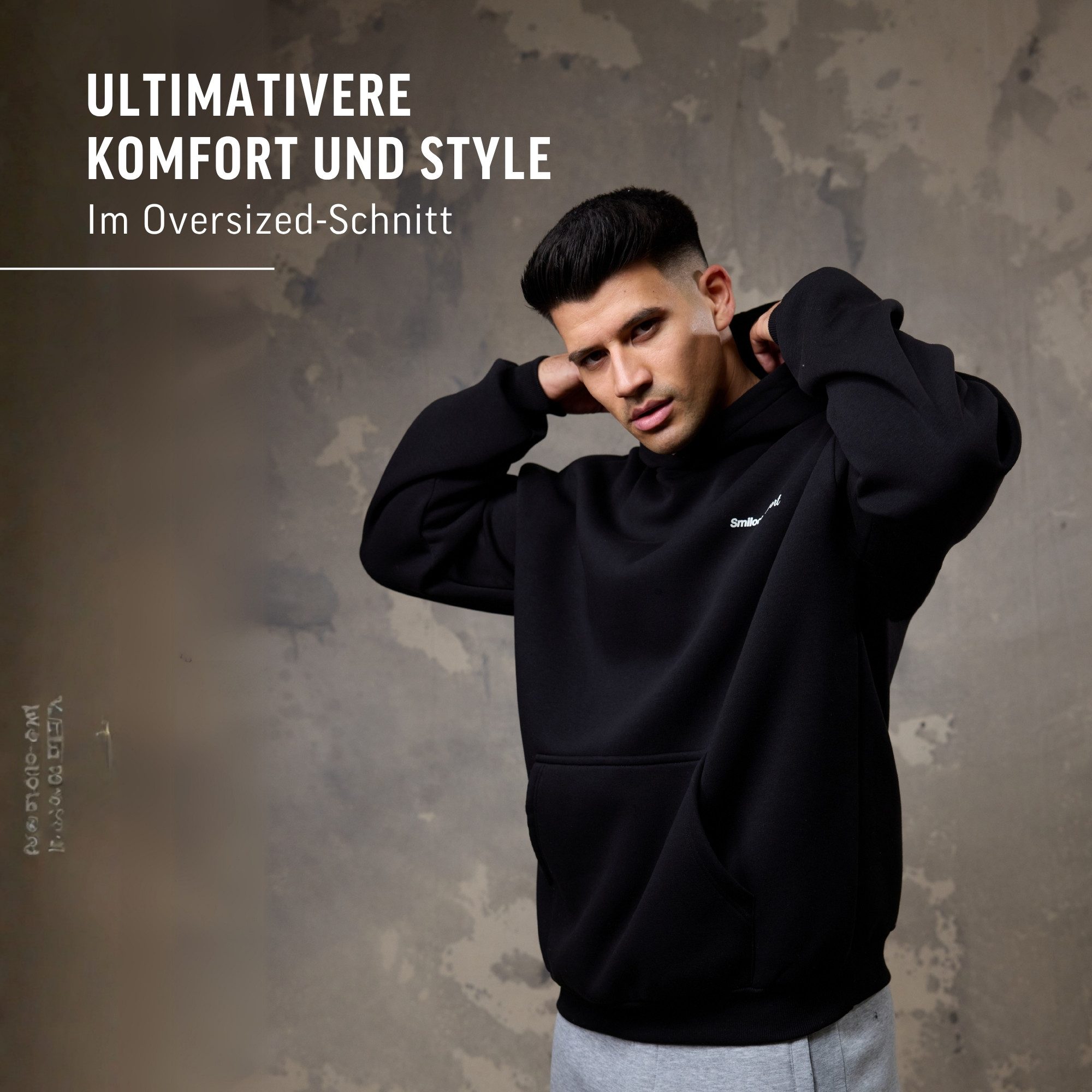 Smilodox Hoodie Fortes, Oversize Kapuzenpullover mit großem Back Print, Sweater Große Kapuze, Kängurutasche