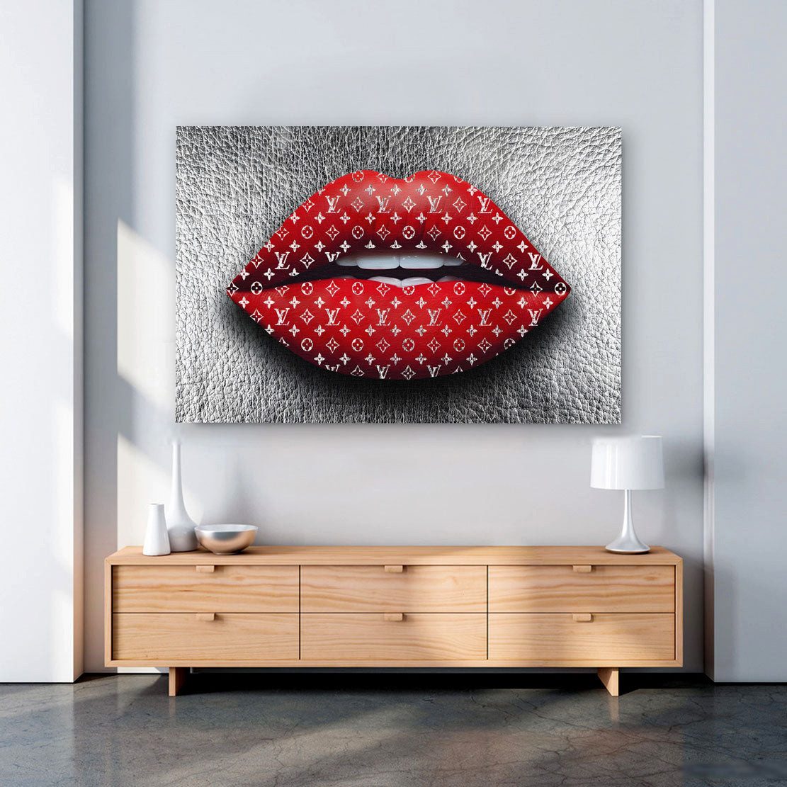 Artedinoi Leinwandbild Rote Lippen mit Luxusmuster auf silbernem Hintergrund Wandbild XL Wand, Rote Lippen auf Silber