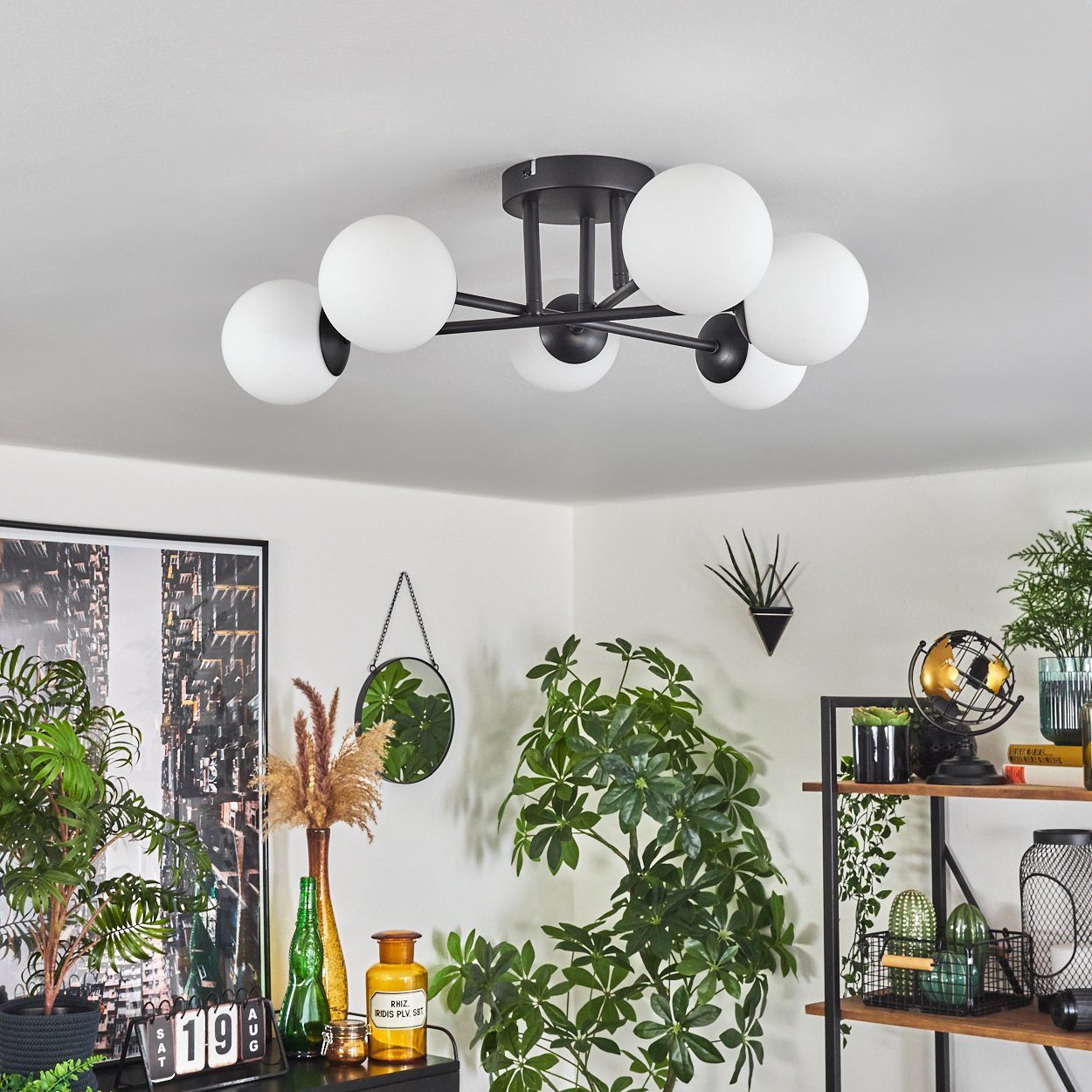 hofstein Deckenleuchte Deckenlampe aus Metall/Glas in Schwarz/Weiß, ohne Leuchtmittel, Leuchte mit Schirmen aus Glas (10 cm), 6 x G9, ohne Leuchtmittel