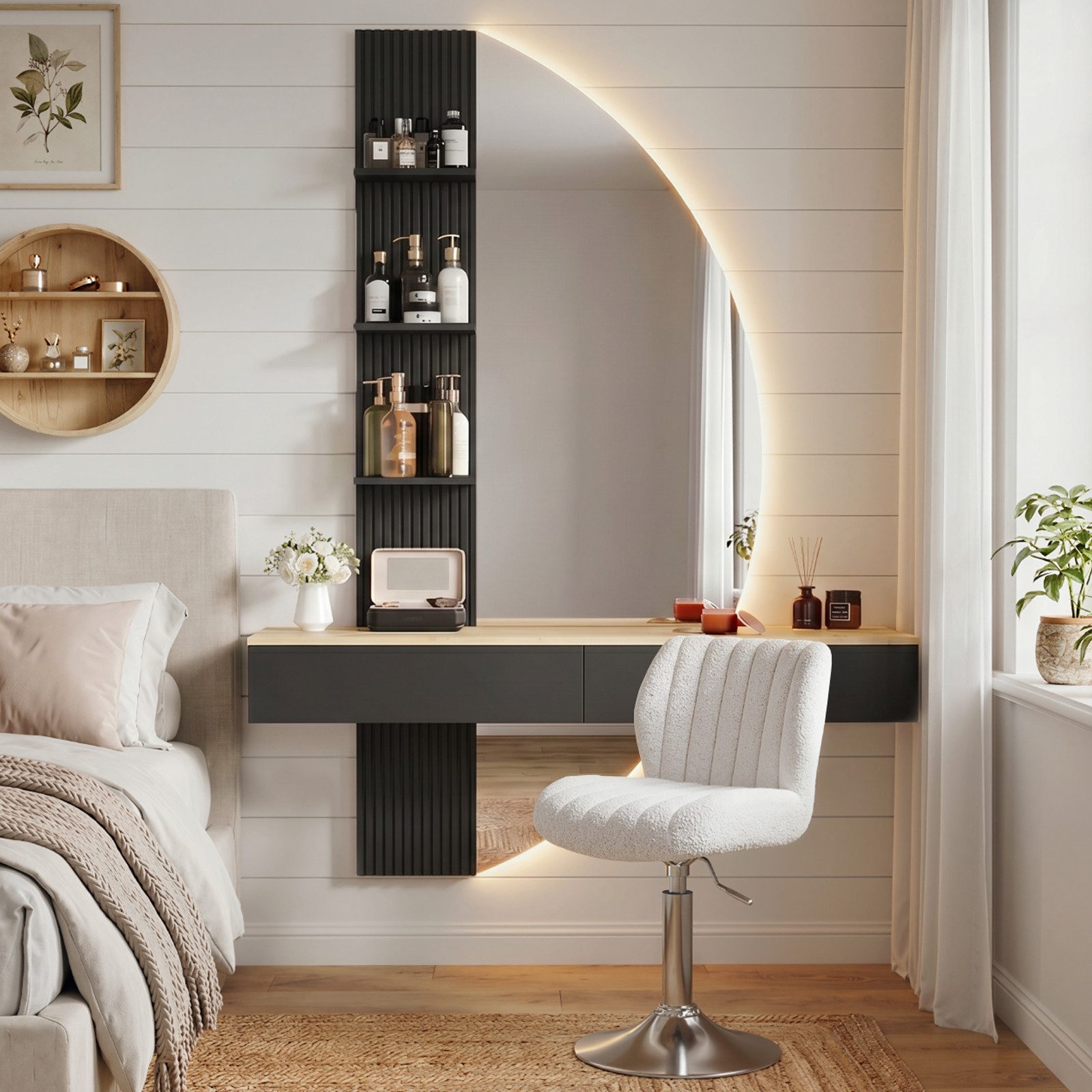 HOMALL Schminktisch Hängender Schminktisch mit LED-Beleuchtung (Maße: 106 × 40 × 143 cm, mit 3 offenen Ablagefächern, 2 Schubladen und drei einstellbaren Farbte – Bild 3 von 5