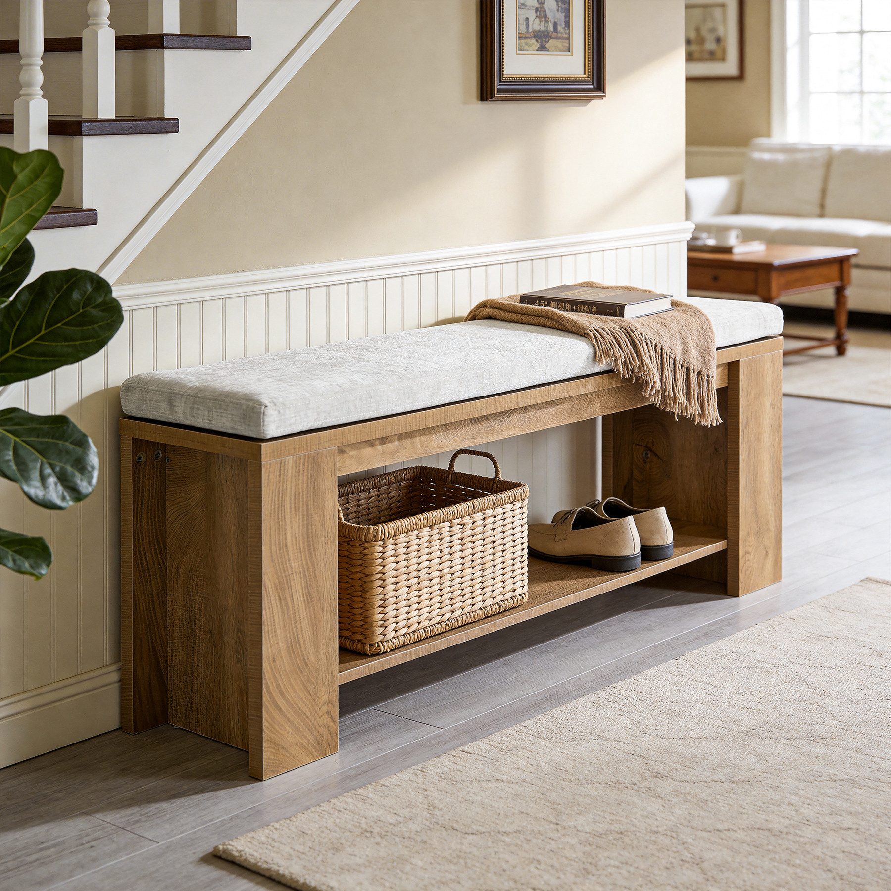 Tribesigns Schuhbank 120 cm lange Eingangsbank, rustikale Sitzbank für, Flur, Schlafzimmer (Landhaus-Bettbank mit gepolsterter Sitzfläche und MDF-Gestell)