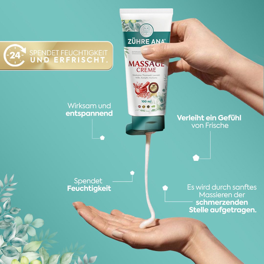 Zühre Ana® Massageöl Massagecreme 100 ml – natürliche Formel gegen Schmerzen, Massagecreme zur Entspannung von Nacken, Muskeln und Gelenke