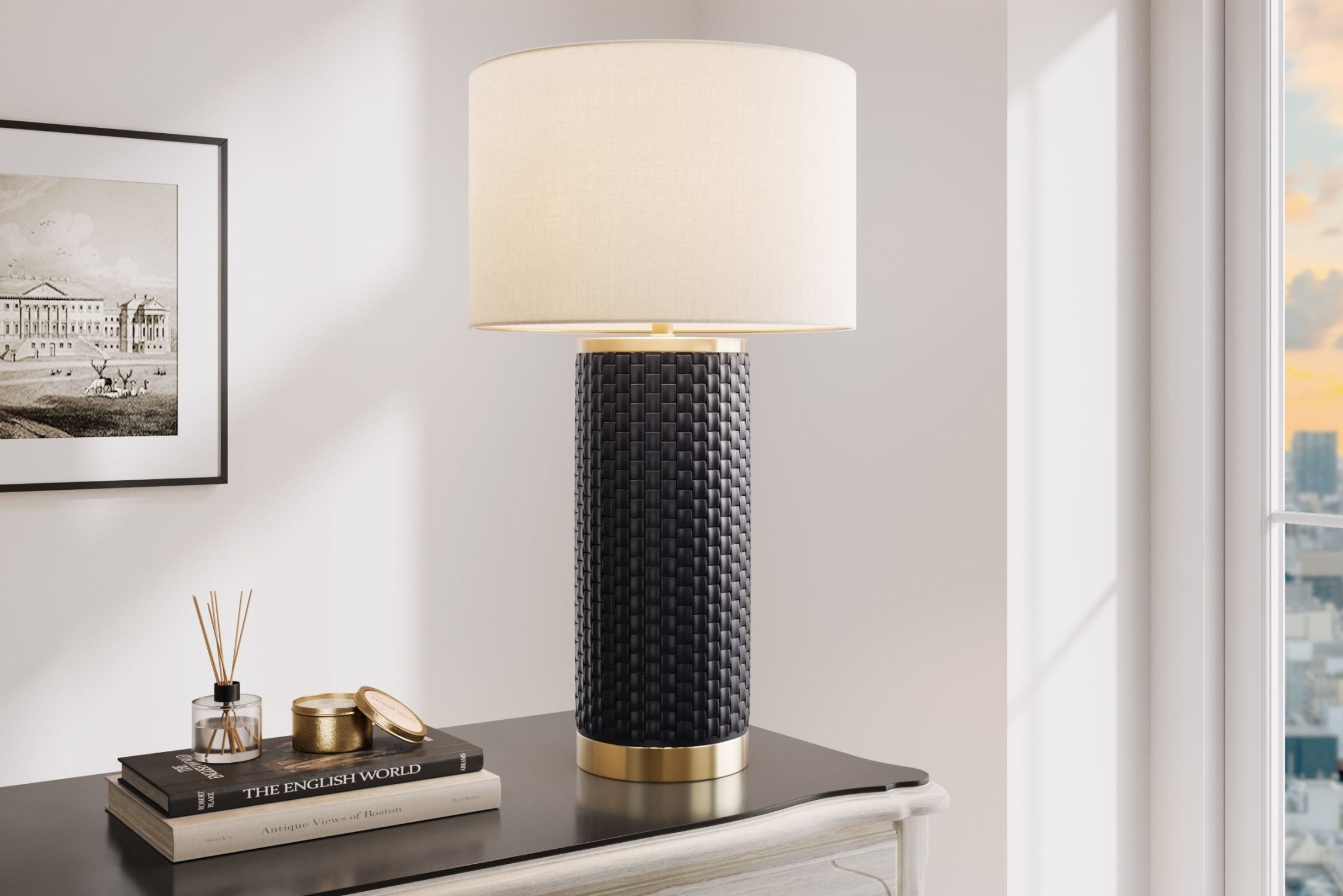 Licht-Erlebnisse Nachttischlampe PABLO, ohne Leuchtmittel, Keramik Stoff 70 cm hoch in Schwarz Weiß Gold E27 Modern