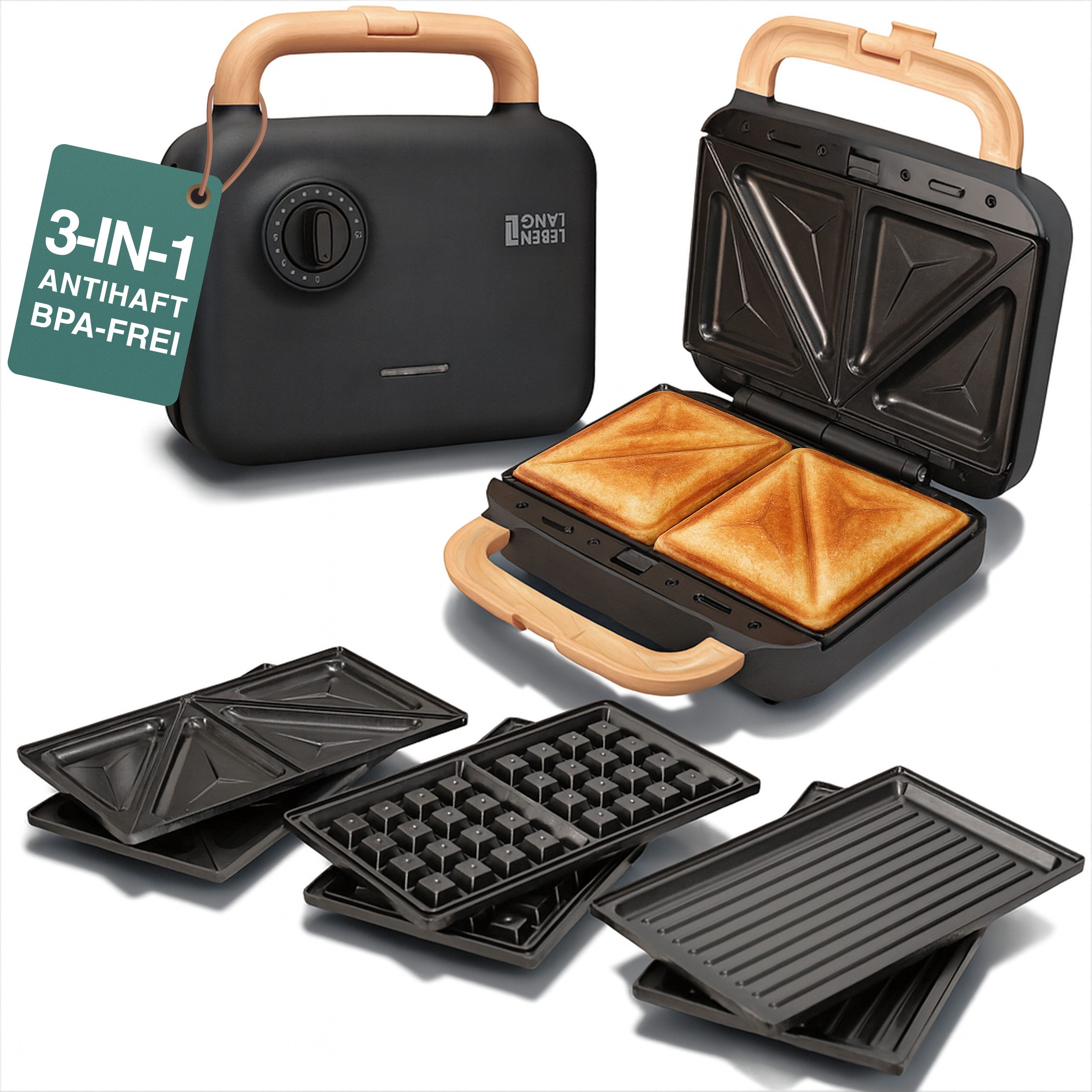 Lebenlang 3-in-1-Sandwichmaker Вафельницы - Грили для сэндвичей - Kontaktgrill - Für Panini, Waffeln & Co., 750 W, 3in1 Kombi-Gerät, 15 Min. Timer, Hochwertiges Holzdesign