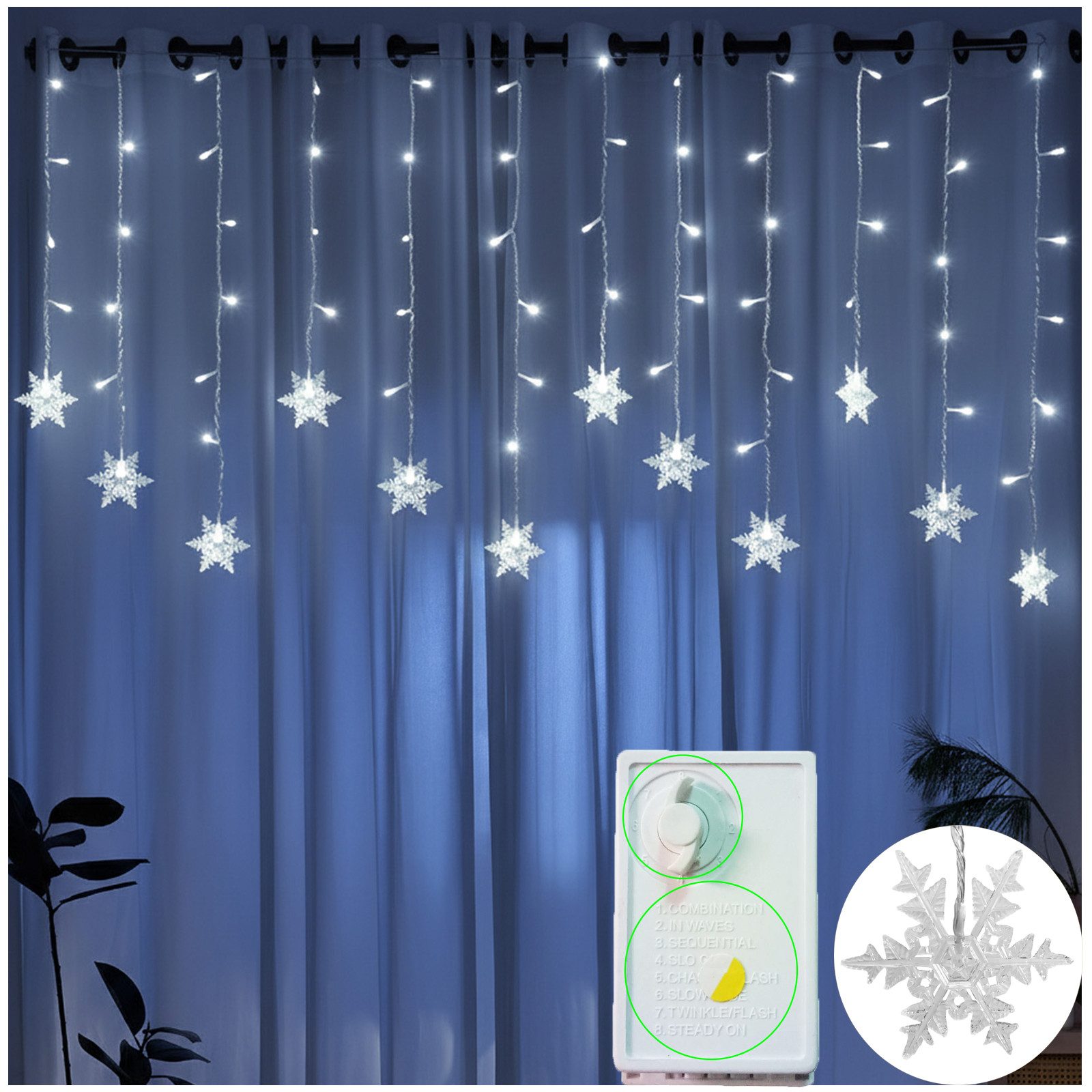 Jibenhome LED-Lichtervorhang LED Lichterkette Schneeflocken 3.5M, 96LEDs We günstig online kaufen