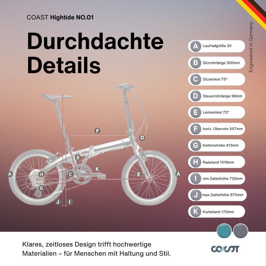 COAST-BIKES Folding Bike HIGHTIDE NO. 01 3S, Folding Bike, 20 inch, 14.1 KG, 3-speed, Lightweight & Compact, 3-speed