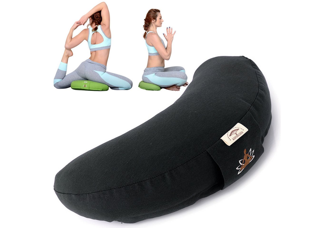 SEI Design Yogakissen Meditationskissen Yogakissen Halbmond mit Buchweizenschalen Füllung, gesticktes Motiv