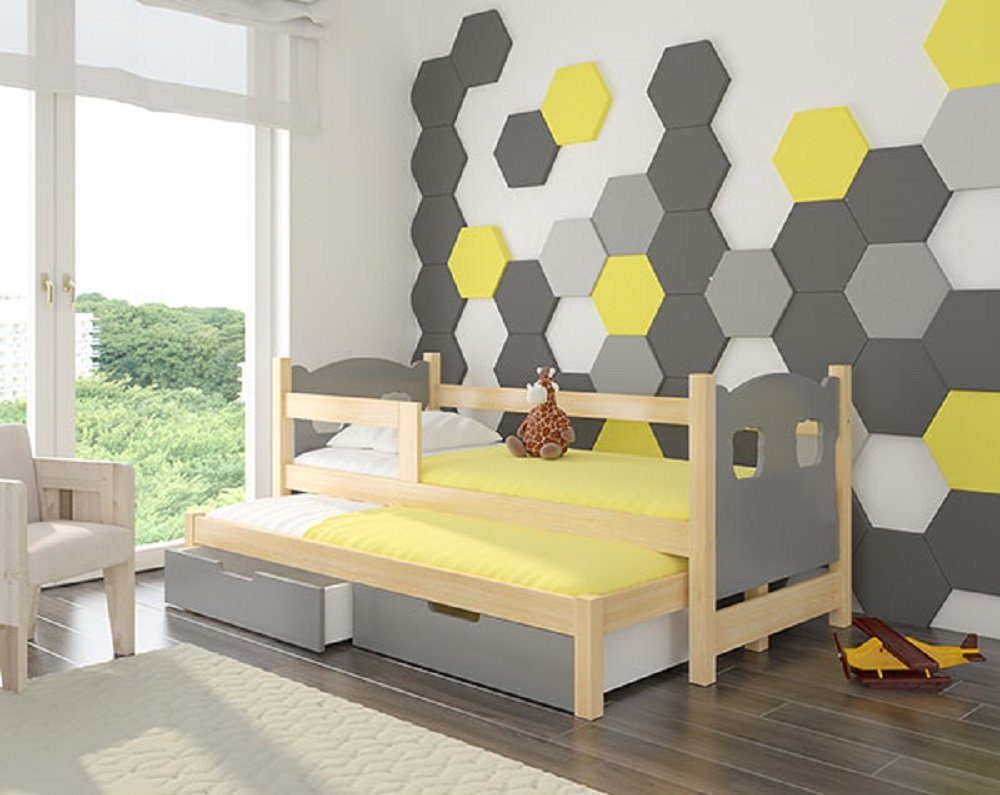 Feldmann-Wohnen Kinderbett CAMPOS (mit 2 Schlafgelegenheiten), Farbe wählbar Kiefer Natur / Absetzungen: grau