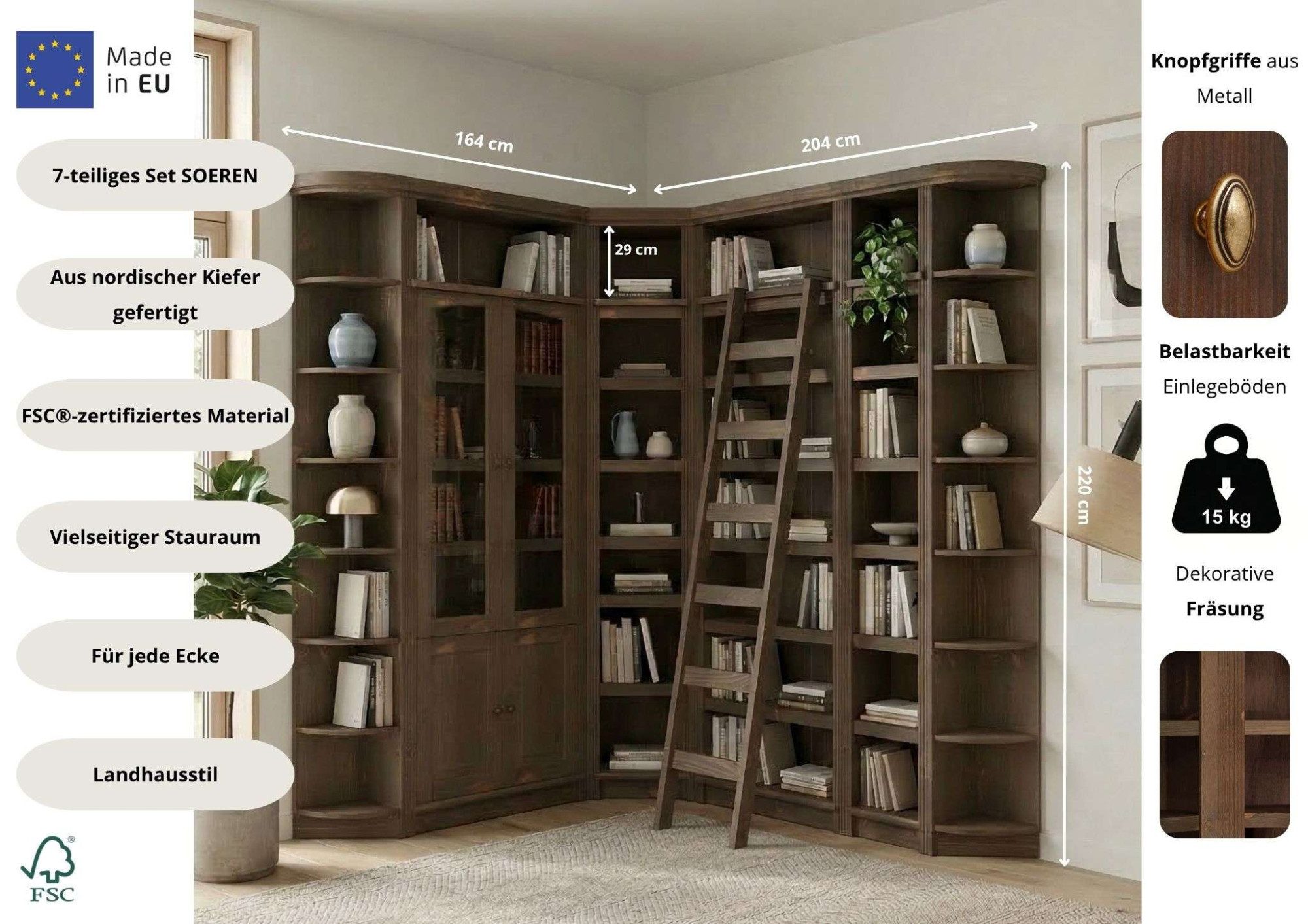 OTTO home Bibliothek Soeren - 7-tlg. Set: mit 1 Regal B 80 cm., 1 Regal B 40 cm, 1 Eckregal, Set 7-tlg., Inkl. 1 Vitrine,2 gerundeten Abschlussregalen und 1 Holzleiter,H220 cm