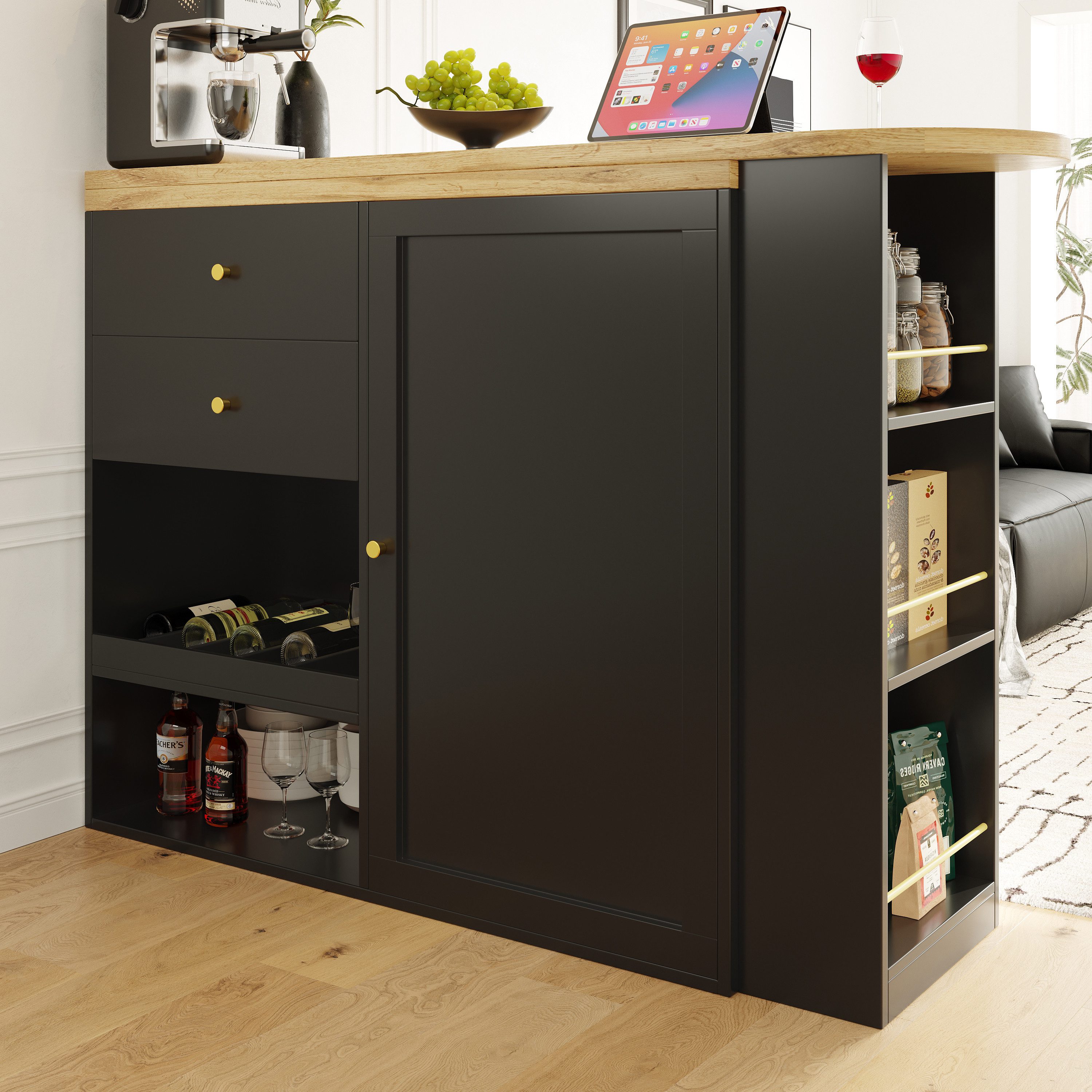 STILVORA Bartisch Bartisch 360° drehbar,Buffetschrank mit 2 Schubladen,Schiebetür®al (drehbar Sideboard, Esstisch, 2 Schubladen, 1 Tür und offene Fächer), 360° drehbare Essbar mit Schubladen und offener Stauraum