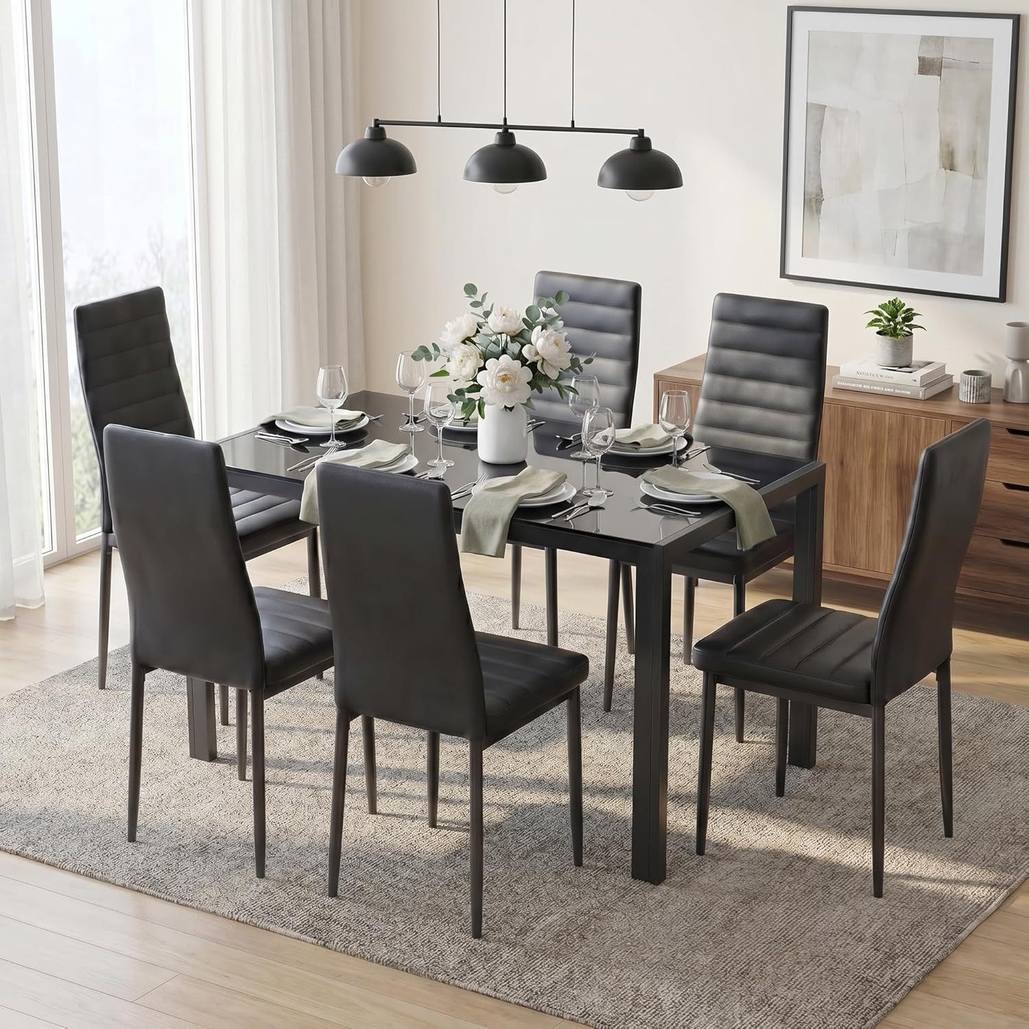 Blishom Essgruppe 7-tlg. Essgruppe aus Glas-Esstisch und 6 Kunstleder-Esszimmerstühle, Esszimmer Set 7-tlg. Glas Tisch 130 cm, Leicht zu reinigen