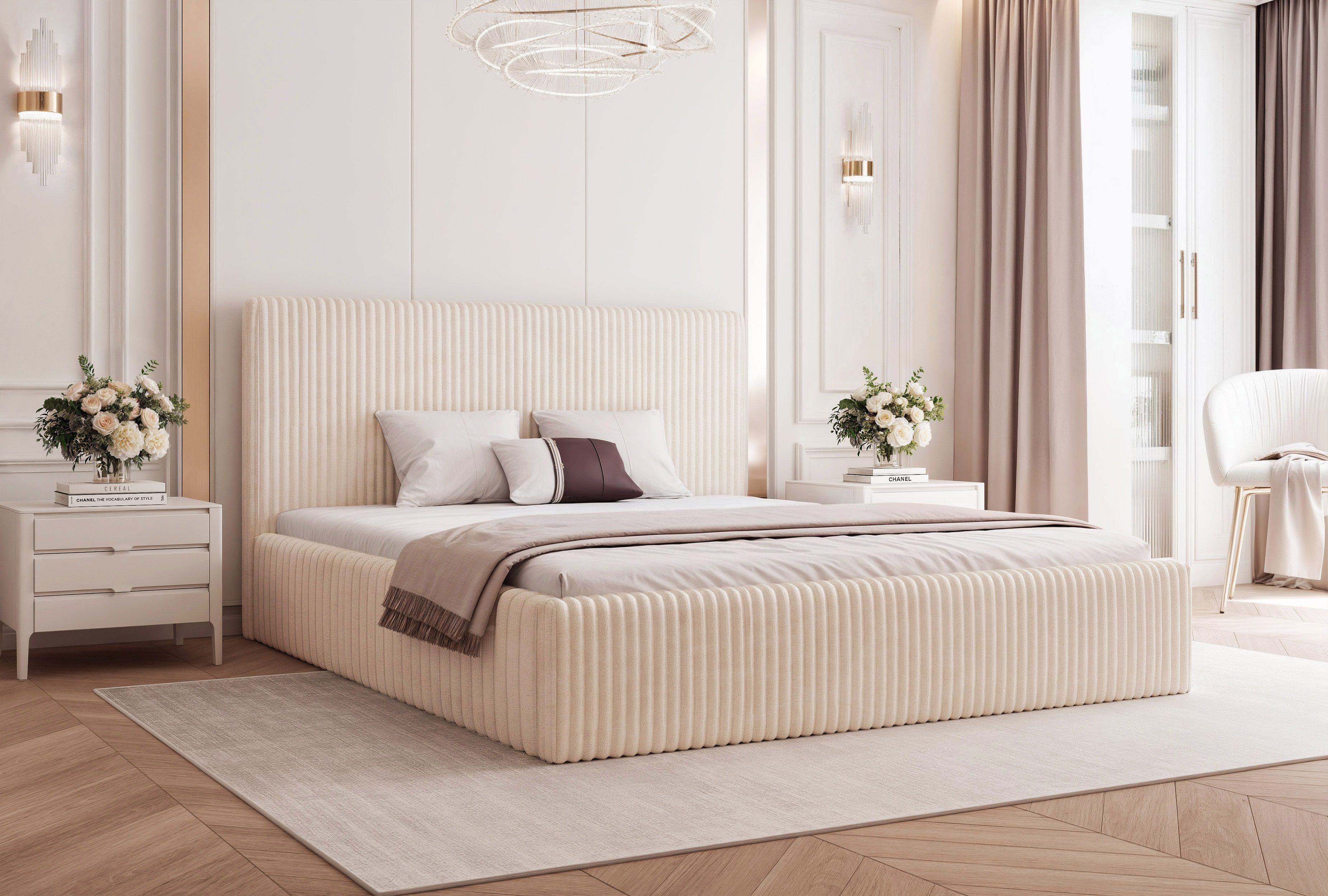 Goldstoff Polsterbett Modernes Bett "LUMINA" mit großem Stauraum und gepolstertem Rahmen (120–200x200 cm, Kopfteilhöhe 70/110 cm), Elegantes Stauraumbett mit gepolstertem Kopfteil und Holzrahmen