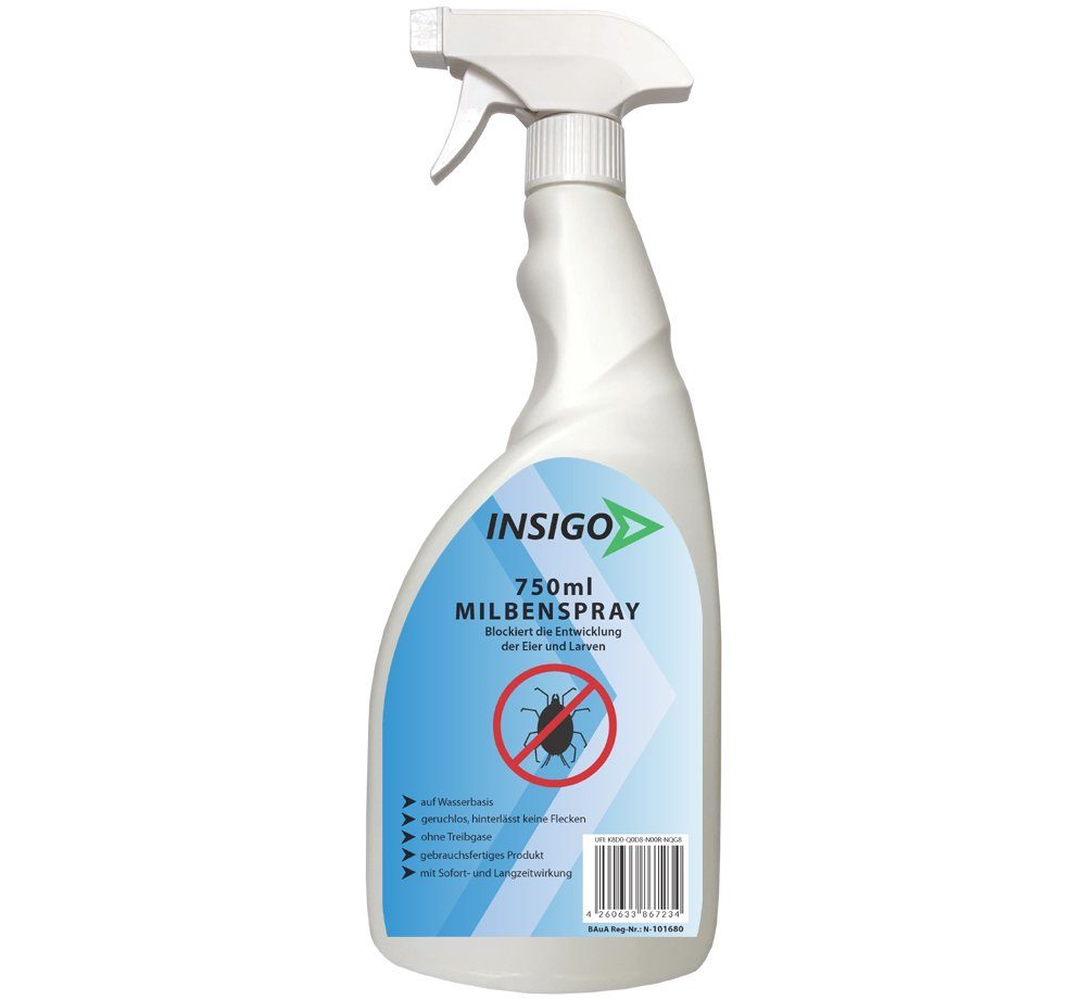 INSIGO Insektenspray Ungezieferspray, l, brennt nicht, Milben-Spray auf Milben-Mittel / 2.25 Langzeitwirkung geruchsarm, Anti Wasserbasis, ätzt mit