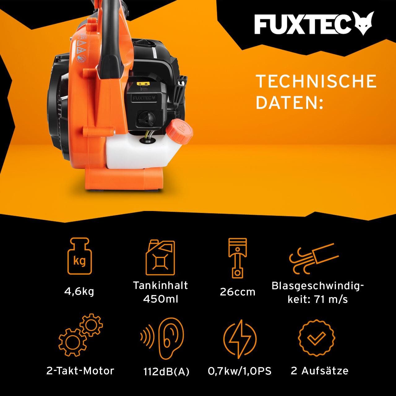 FUXTEC Benzin-Laubbläser FX-LB126, 71m/s, 255,6 km/h Blasgeschwindigkeit, Doppelblasfunktion, 4,6 kg