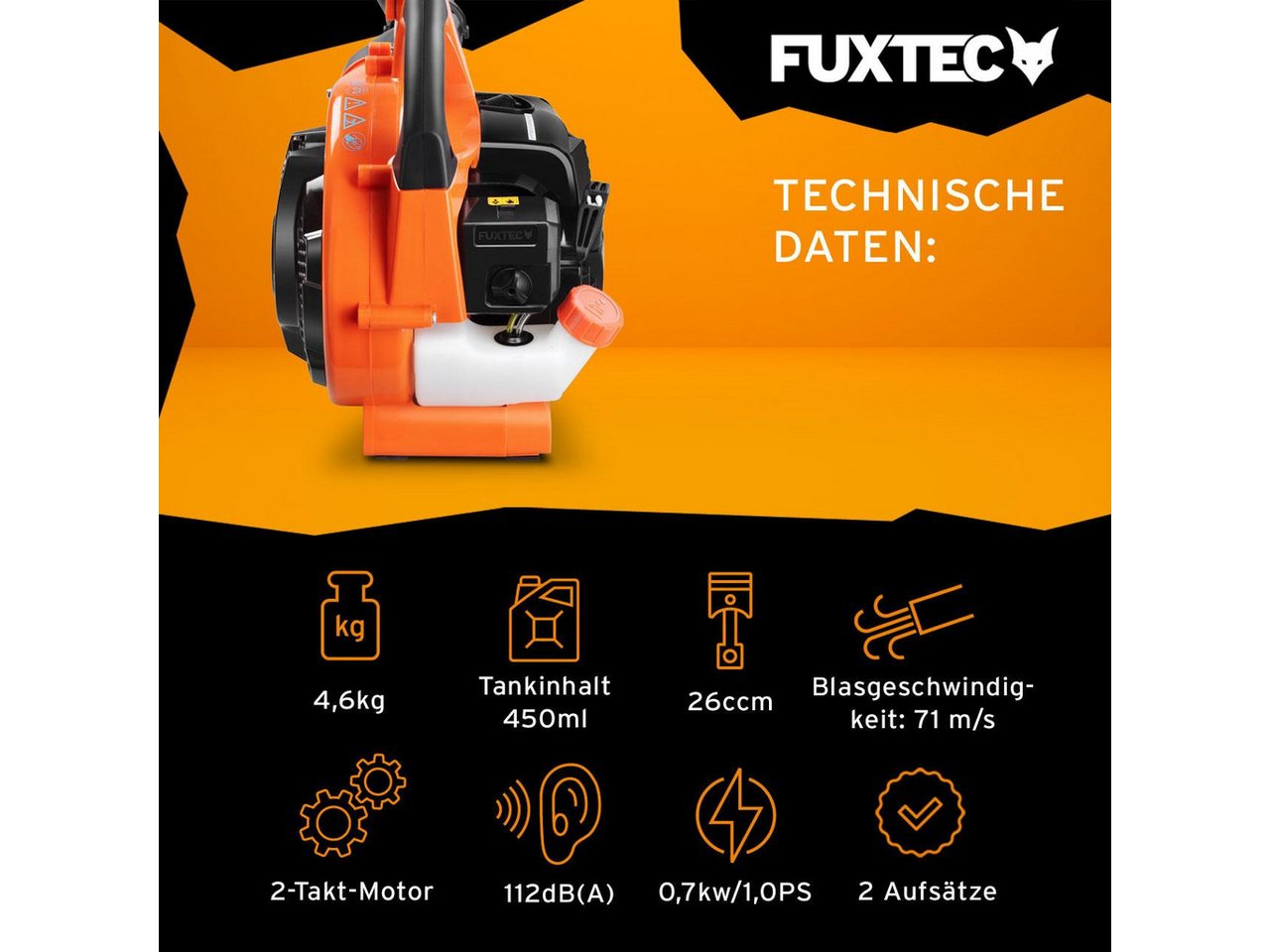 Thumbnail - FUXTEC Benzin-Laubbläser FX-LB126, 71m/s, 255,6 km/h Blasgeschwindigkeit, Doppelblasfunktion, 4,6 kg