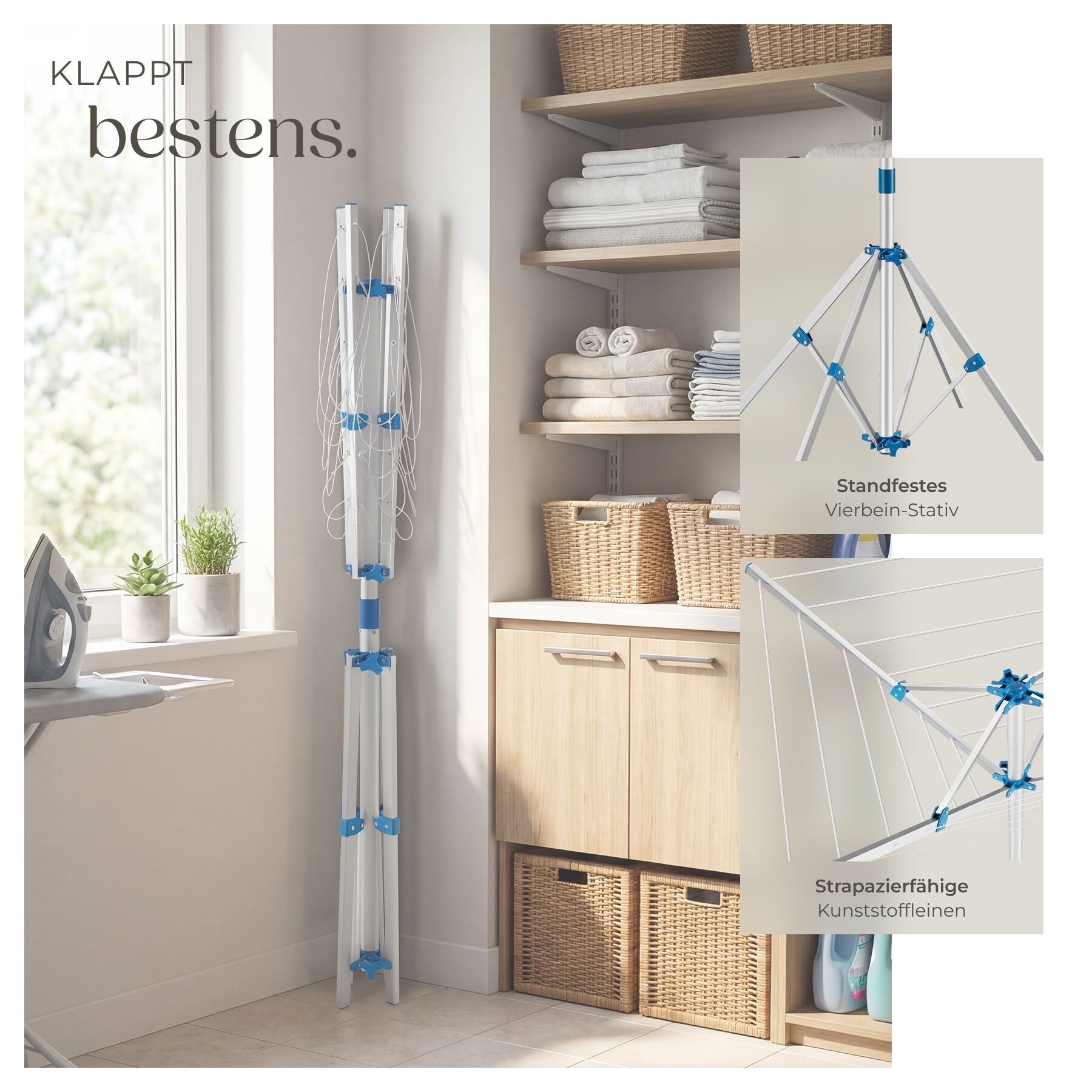 tectake Wäschespinne Mobiler Wäscheständer aus Aluminium, wetterfest, 102 x 102 x 160 cm, klappbar, drehbar und stufenlos höhenverstellbar, Leinenlänge 16 m – Bild 4 von 5