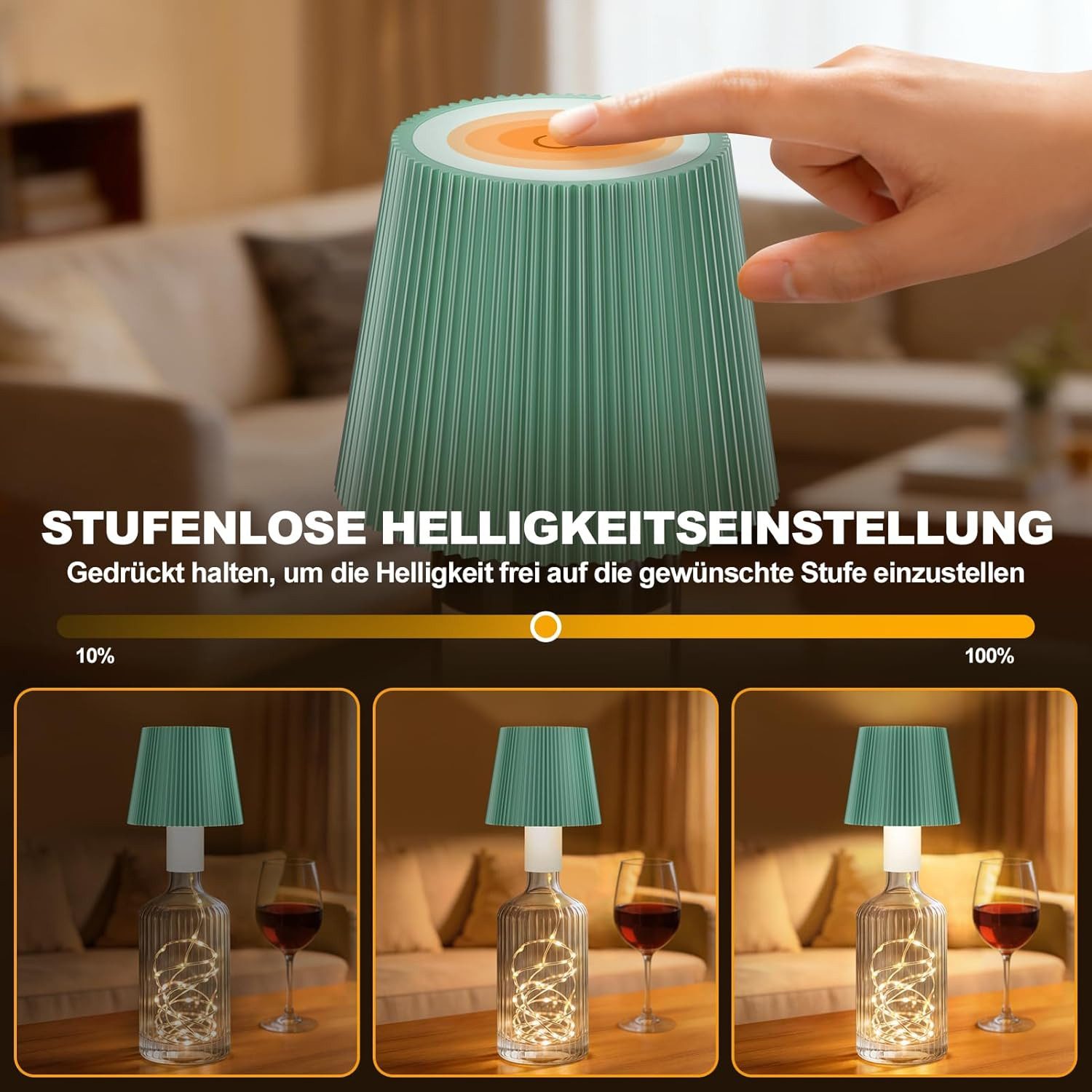 LaCute LED Dekolicht LED Flaschenlampe USB-C Akku Tischleuchte mit Lichterkette Grün, LED fest integriert, Kaltweiß (6000 K), Warmweiß (3000 K), Neutralweiß (4500 K), 3 Lichtfarben, stufenlos dimmbar, USB-C aufladbar LED-Lichterkette