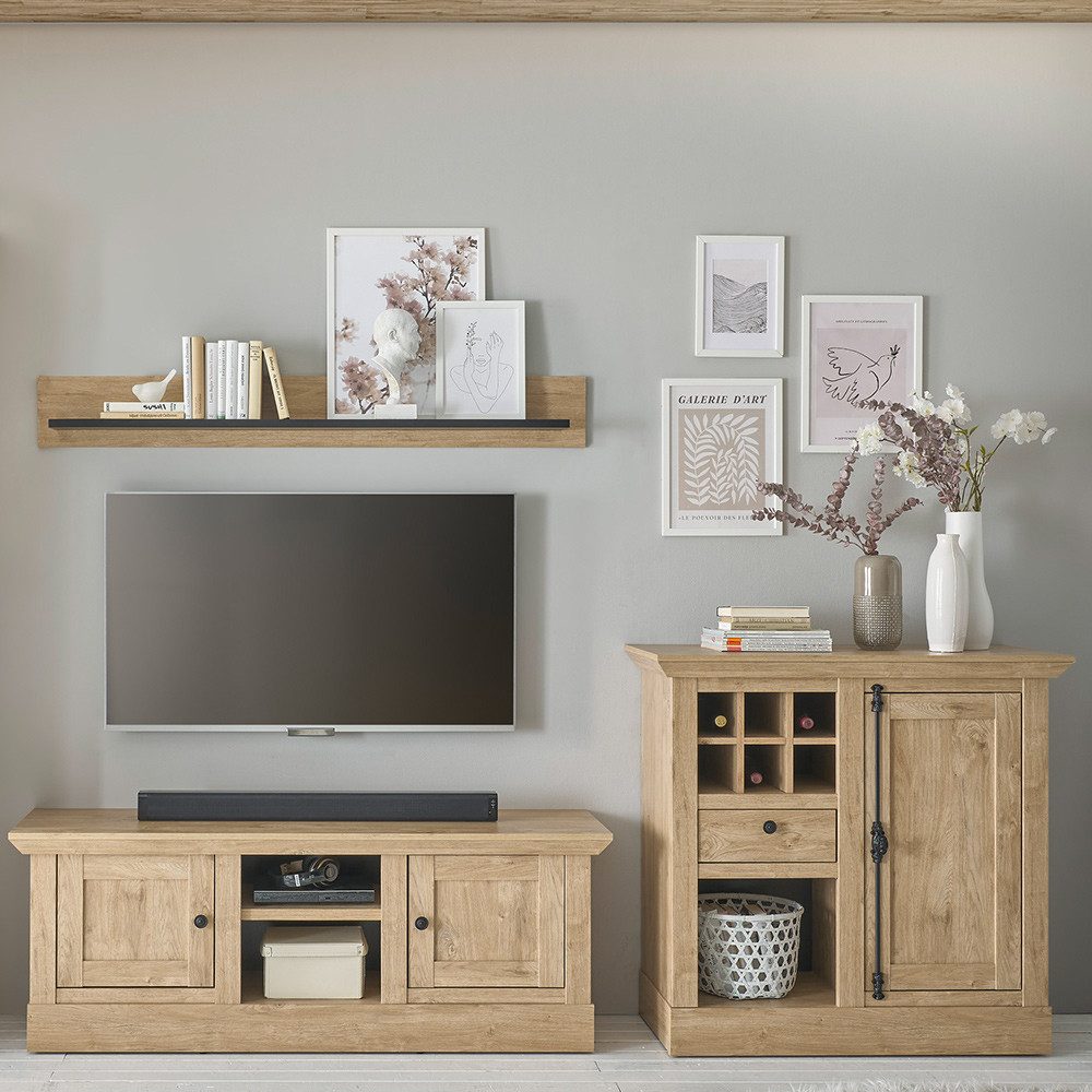 Lomadox Wohnzimmer-Set COLBY-61, (Mega-Spar-Set, 3-St., Kommode Lowboard Wandregal), in Eiche mit LED-Beleuchtung, Landhausstil, schwarze Metallgriffe
