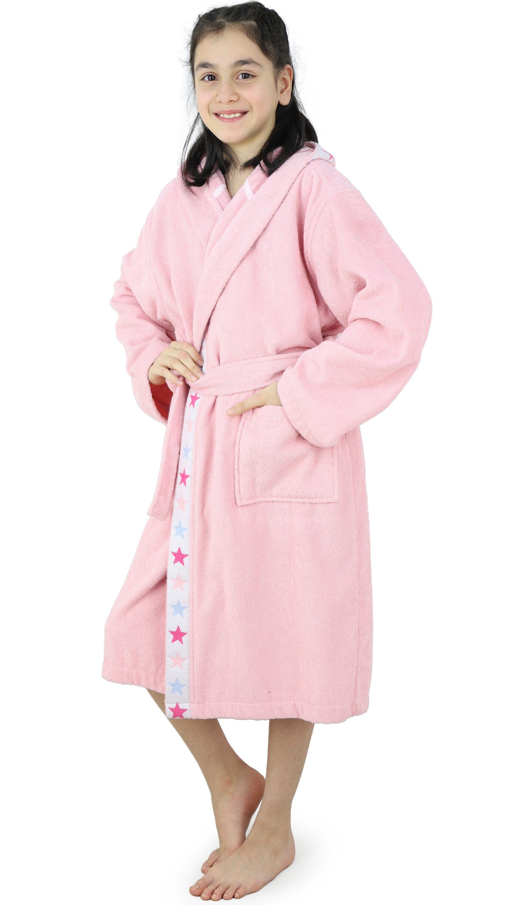 Tilly, Kinderbademantel Baumwolle 100% rosa Leichtfrottee, Kinder, für Jungen, Lüttenhütt Mädchen Kapuze, auf Langform, Gürtel, Sterne Bordüre, &