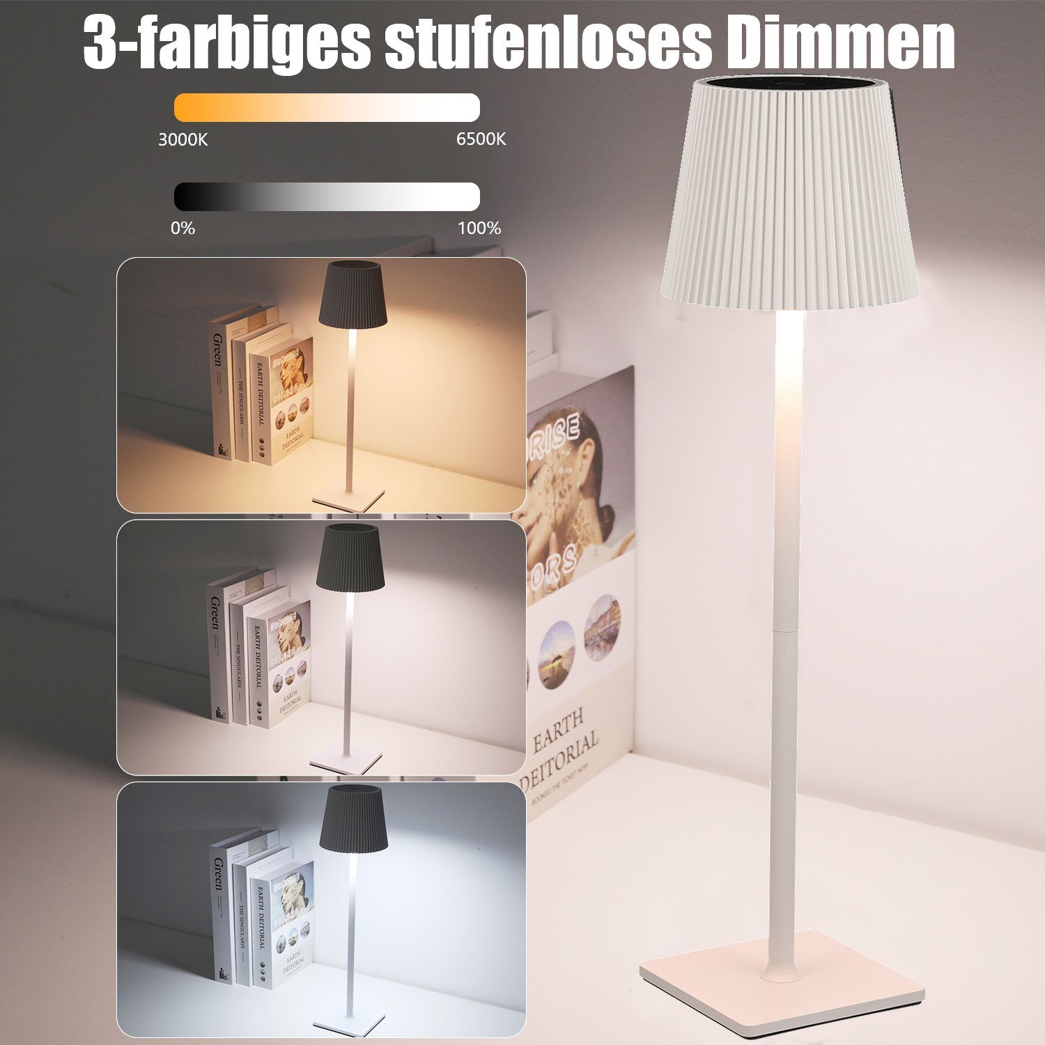 Eisen LED LED mit Kaltweiß/Naturweiß/Warmweiß, Weiß LED Café USB-C, oyajia Touch-Dimmen Tischlampe Tischleuchte fest Kabellose Wiederaufladbarer 8000-mAh-Akku, Esszimmer Tischlampe, Schlafzimmer Abnehmbar integriert, Tischlampe für