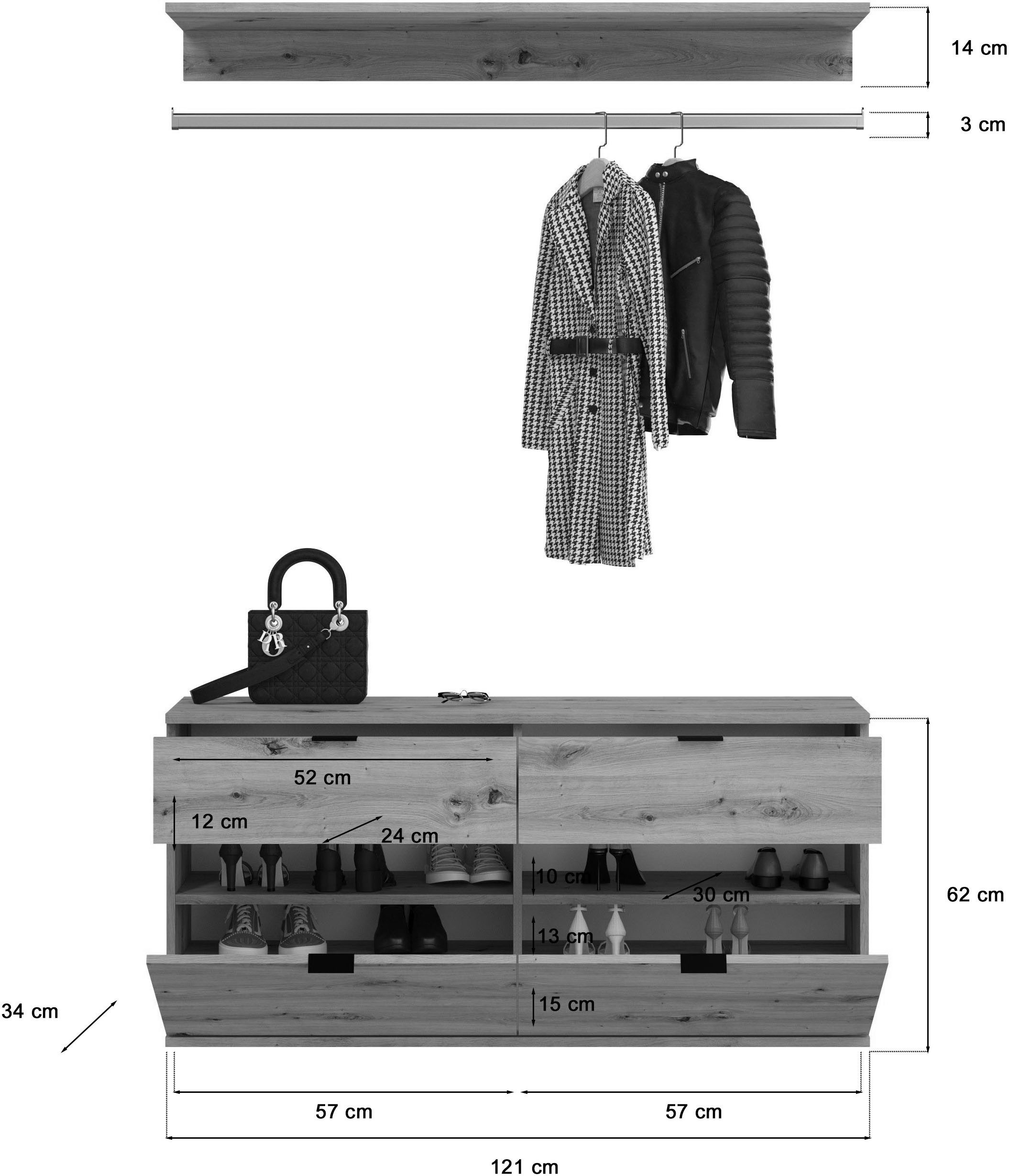 INOSIGN Garderoben-Set Trondheim, Breite 121 cm, best. aus Kommode, Garderobenstange & Ablage, (3-St), Zwischenbauelement für Hochschränke der Serie Trondheim