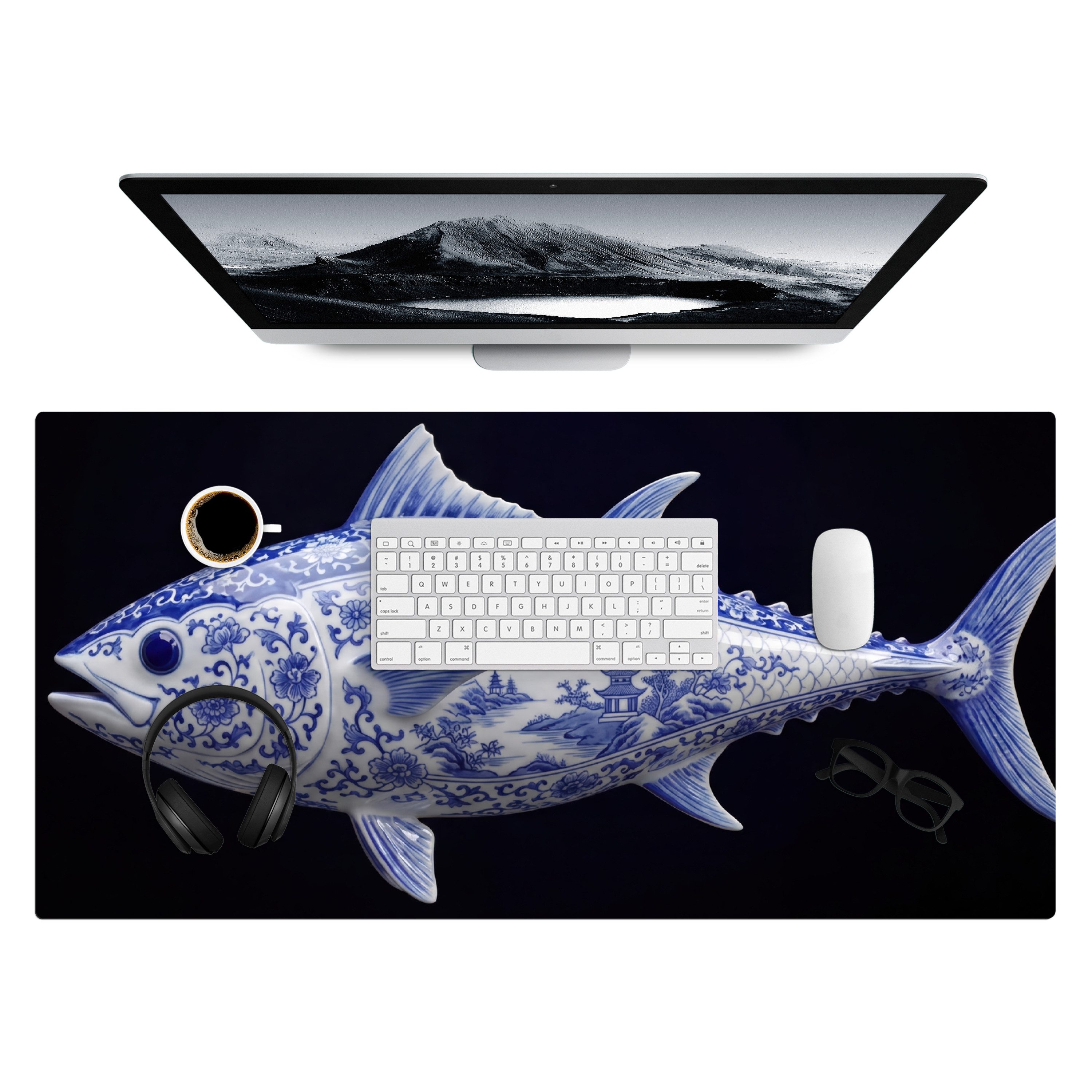 MuchoWow Gaming Mauspad Porzellan - Thunfisch - Delfter Keramik (1-St), Gaming Mauspad XXL, Schreibtischunterlage, Mousepad, Deko, 90x45 cm