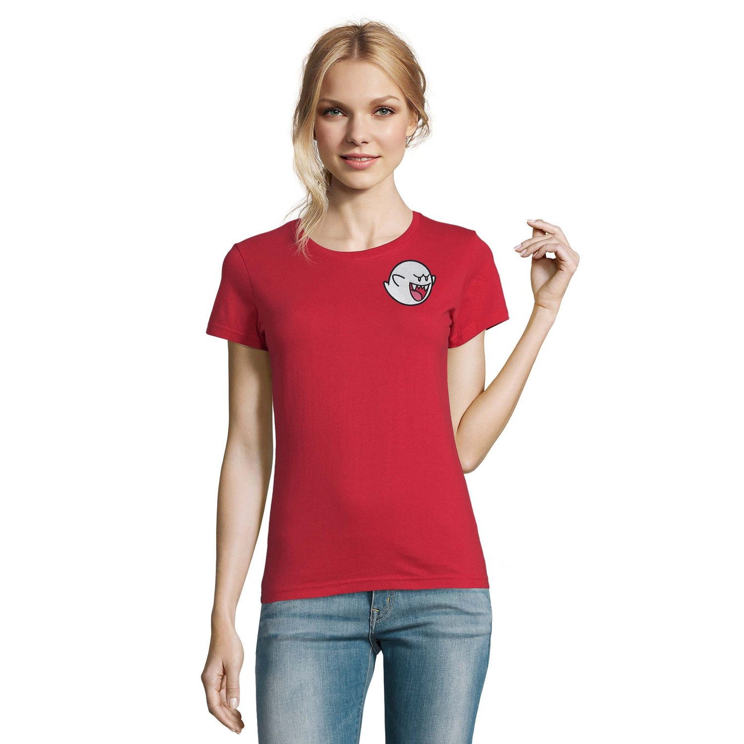 Blondie & Brownie T-Shirt Boo Hoo Damen T Shirt mit Geisterpatch und Rundhalsausschnitt (Einzelartikel) Zungenzwickel Spukgesicht Design
