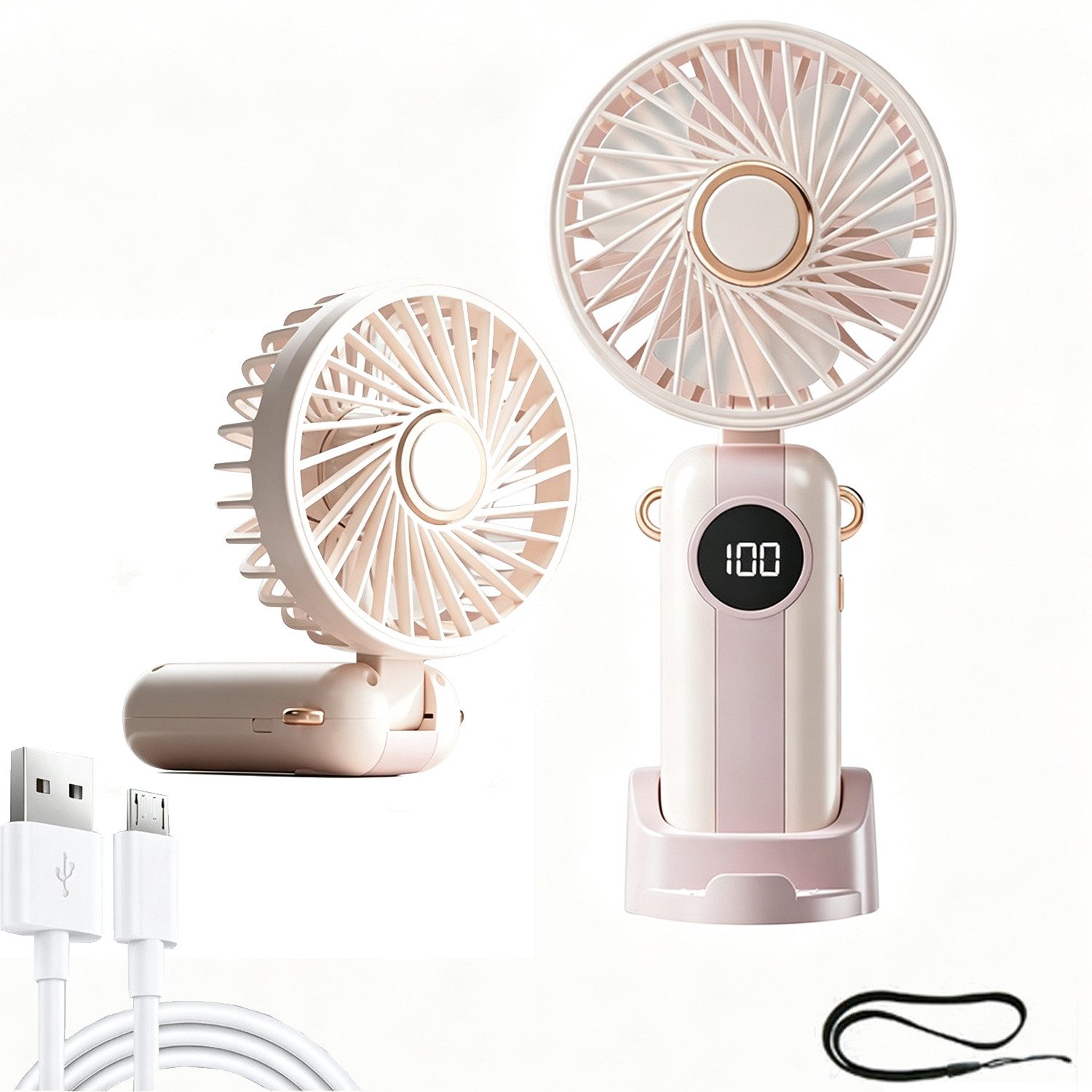 MOPUEA Handventilator Handventilator, Mobiler USB Handventilator, Leiser Betrieb, 3-in-1-Hand-, Hals- und Tischventilator, mit Smartphonehalterung