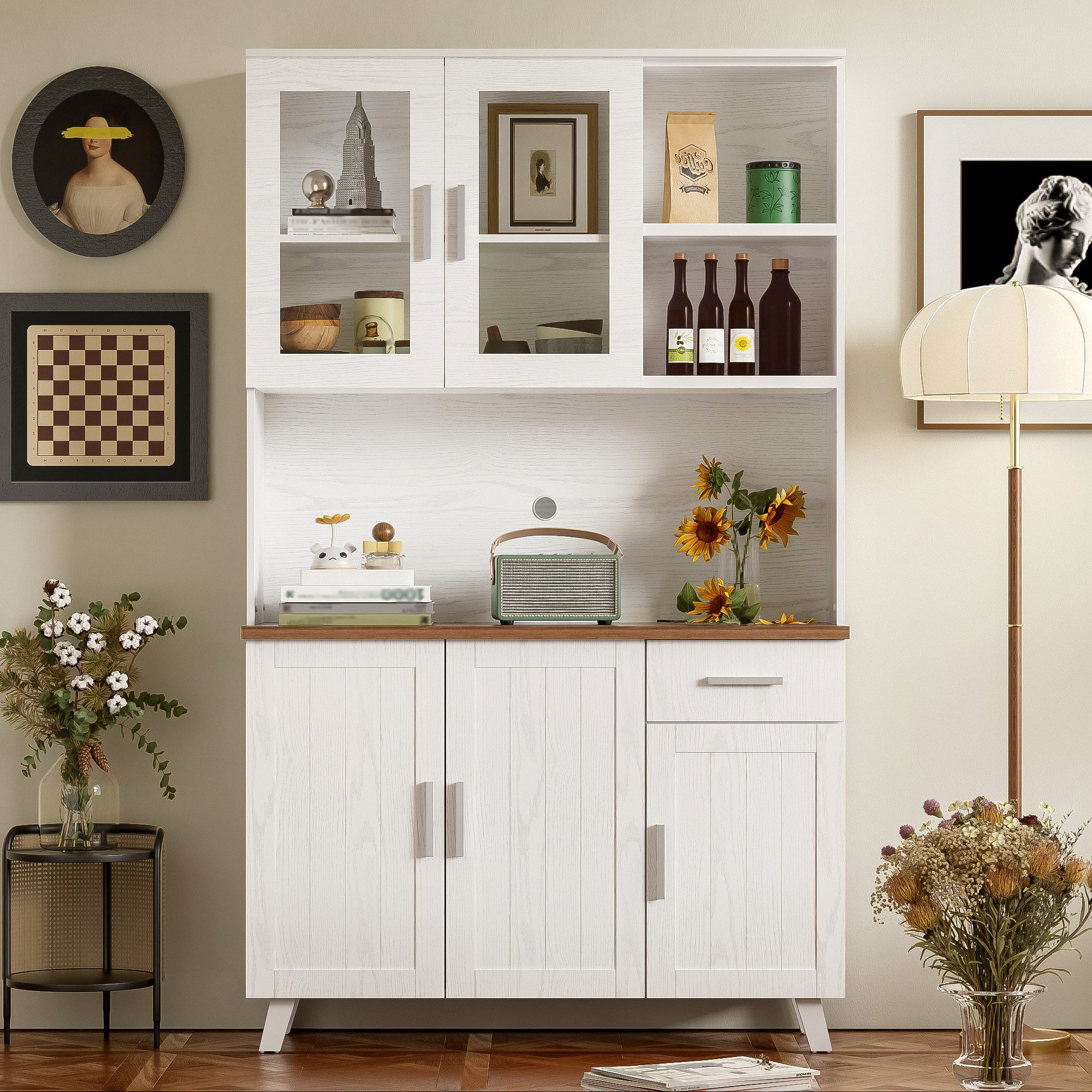 Celya Sideboard Weißer Holzmaserung-Hochschrank 114 x 40 x 190 cm, geeignet für Wohnzimmer und Esszimmer