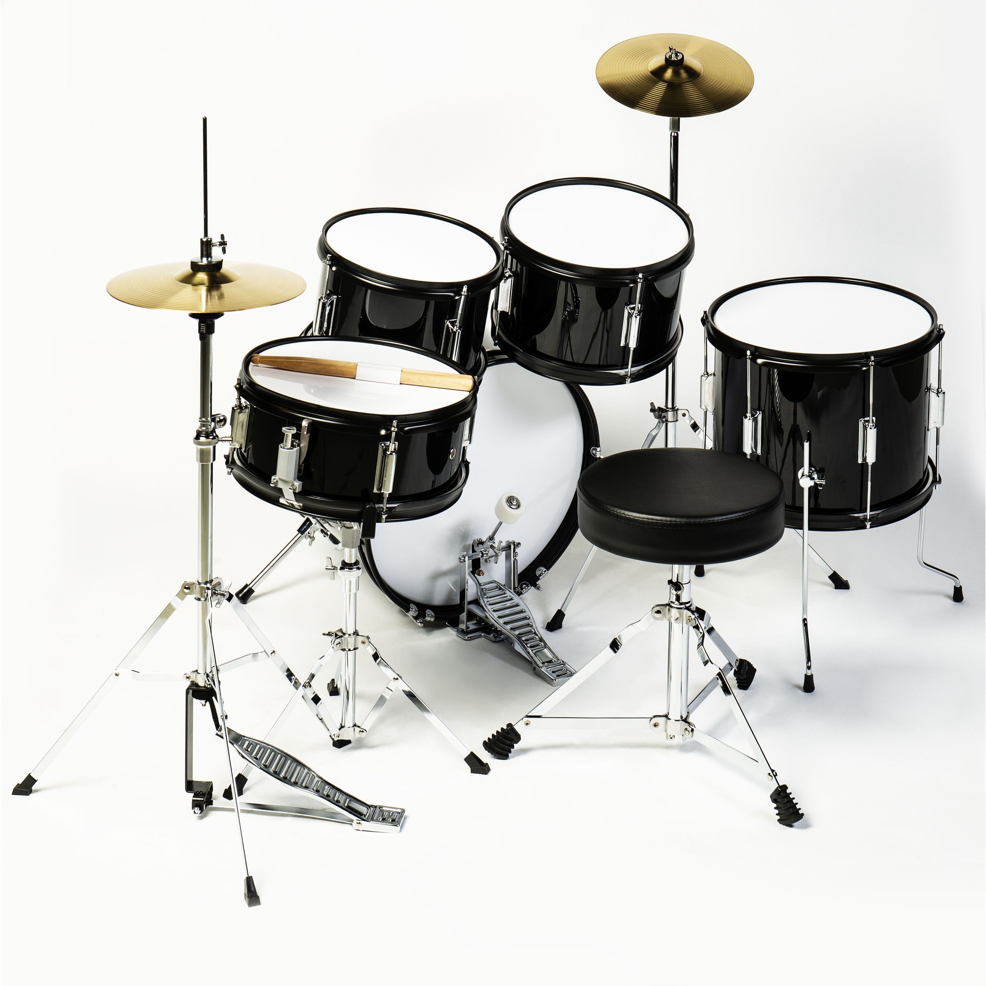 FAME Schlagzeug,Kinderschlagzeug für Kinder ab 4 Jahren 5-teiliges Set mit Becken und Hardware schwarze Spannreifen verchromte Hochwertige Spannschrauben einstellbare Sitzhöhe - Piano Black, Schlagzeuge, Drum-Sets, Kinderschlagzeug, Kinder ab 4 Jahren, 5-teiliges Set, verchromte