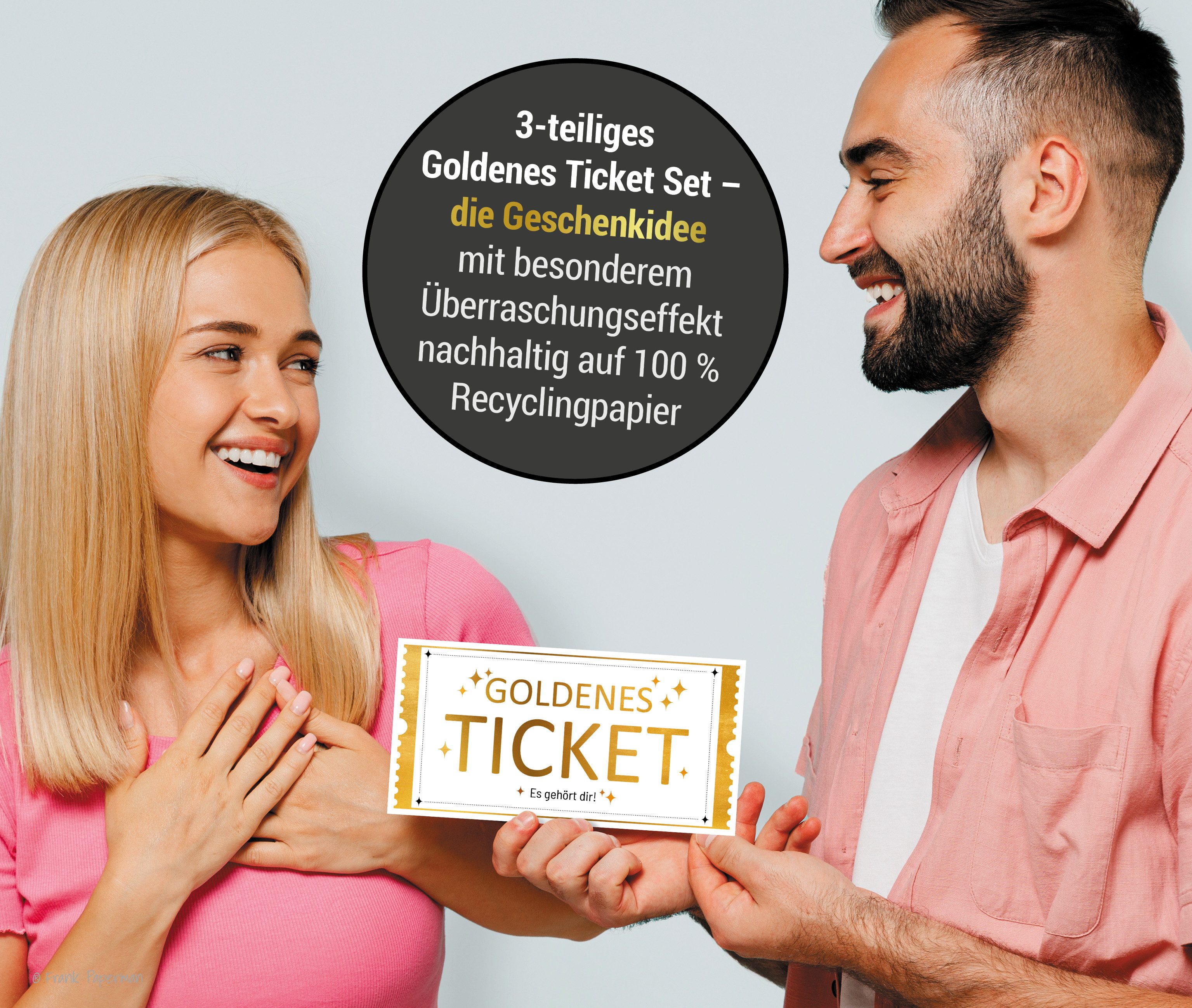 Frank Paperman Geschenkkarte Set Goldenes Ticket Gutschein mit Umschlag & Rubbelaufkleber, 100 % Recyclingpapier, hochwertige Rubbelkarten zum selber beschriften